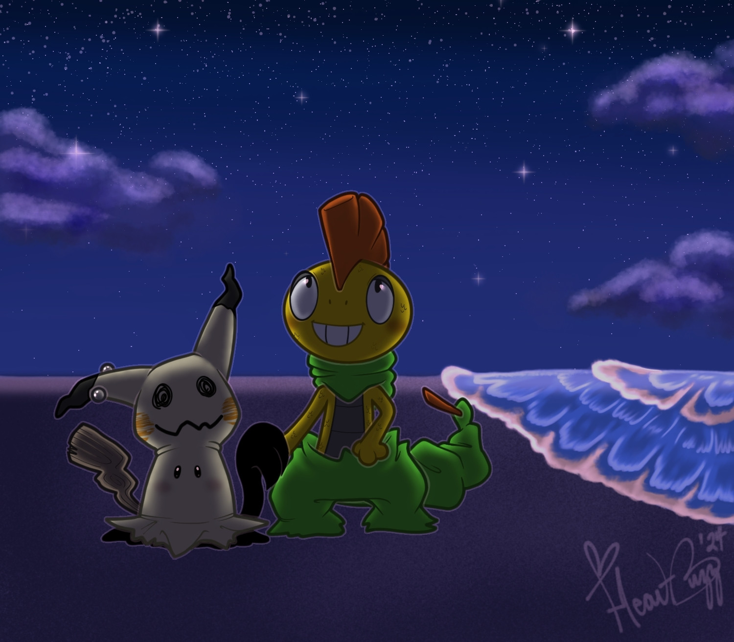 a digitally drawn image of two pokémon, a mimikyu and a scrafty, holding hands on a starlit beach. the mimikyu has an industrial piercing in its right ear, and it's dark claws fully envelop the scrafty's hand. the scrafty is shiny, with bright green pants and hood as opposed to its usual orange. both pokémon are gazing upwards at the sky, and blushing softly. there are a few clouds on the edges of the skyline, but it is clear otherwise. the ocean washes up along the shore in shades of blue and pink. the artist's (Heart-Buzz) signature can be seen in the bottom right corner.