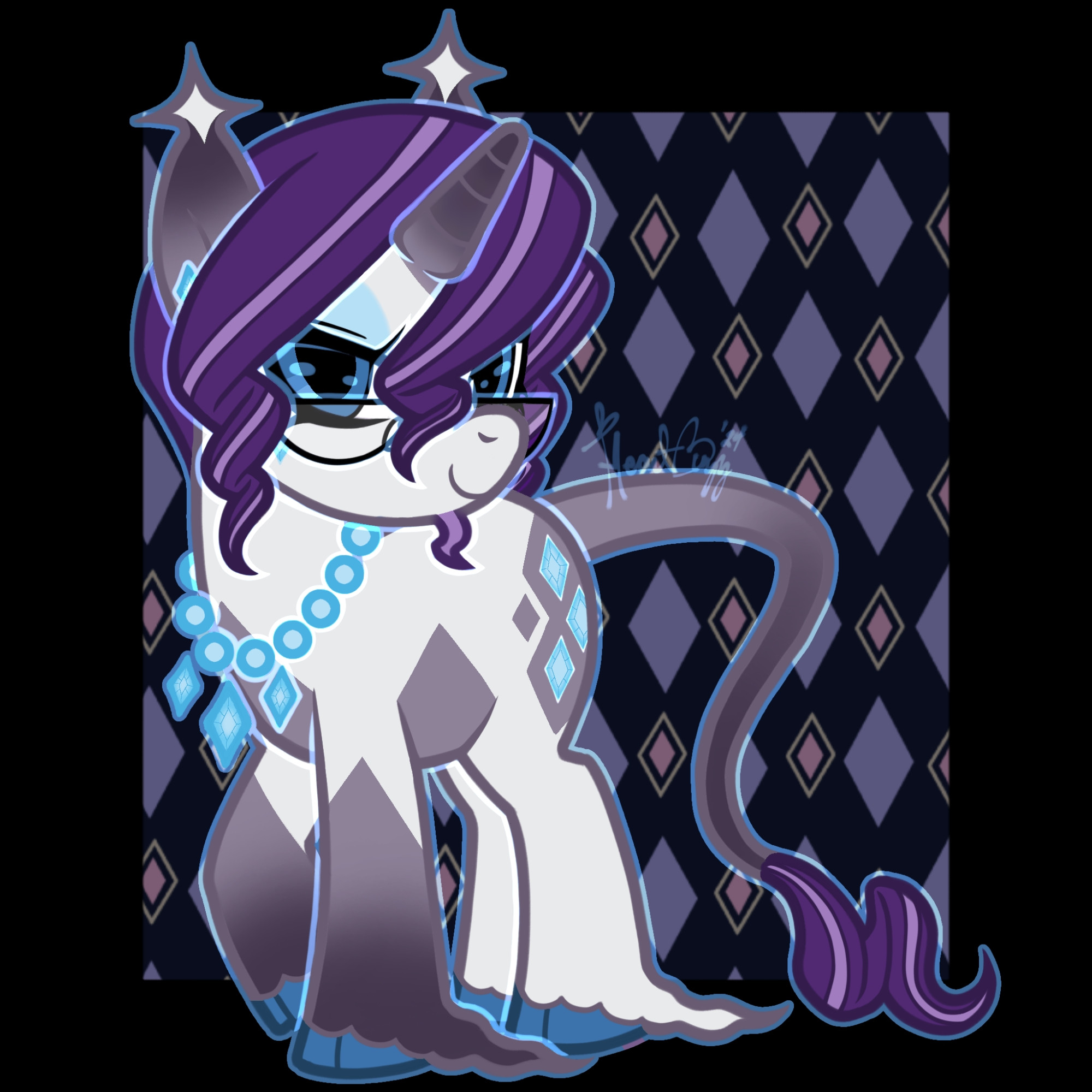 a slightly more colorful redesign of Rarity, from My Little Pony: Friendship Is Magic. she is depicted as a unicorn, still mostly white in color. Rarity is drawn with a more rounded body type, with an upturned nose and a demure smile. her mane is short, with tighter twists instead of large curls. her mane is a deeper violet, with a lavender streak in each section. She sports a small, curled beard that is lavender in color. Rarity's front legs are dark grey in color, darker at the bottom. they lighten towards the shoulder, where the marking tapers into a diamond shape against her white coat. her underbelly is a lighter grey. her rump and tail are also light grey, becoming darker towards the end of her tail. her tail is long and lion-like, with a neatly twisted tuft at the end in the same colors as her mane. her tail is about twice as long as her body, but curled close towards her. the rump marking ends in a diamond pattern, framing her cutie mark. her hooves are cloven, and they are the same dark blue as her eyes. she has long, curled fetlocks. Rarity's ears are dark grey, and they are tipped with a white diamond shape. she's wearing small diamond earrings, and a blue pearl necklace with three diamonds dangling in the middle. she's also wearing half-moon glasses, and has a small blue diamond marking under her right eye, like a beauty mark.