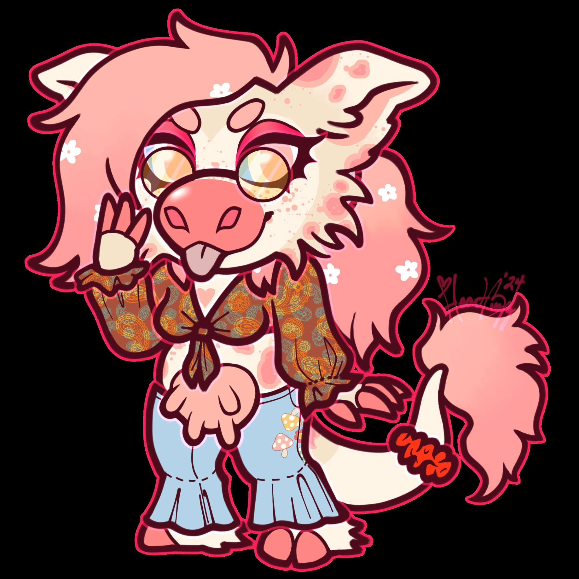 A female pink-themed cow character with 70s fashion. She is wearing a brown paisley top that ties in the front and shows off her belly. her pants are light blue denim bell bottoms with a trio of mushrooms on the thigh. she's wearing her hair up in a ponytail, and her long and thick tail is adorned with a spare scrunchie.