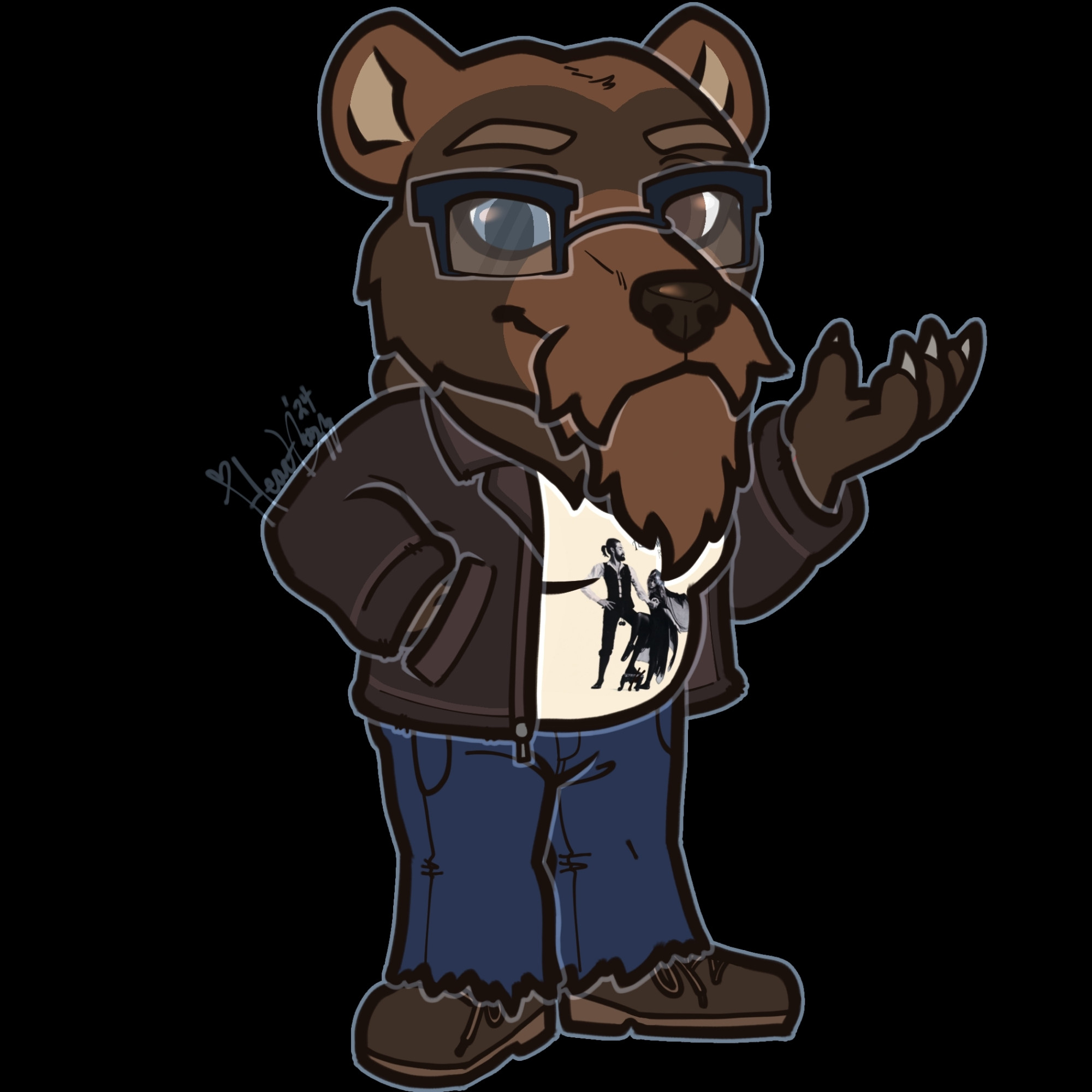 A male brown bear character wearing masculine 70s fashion. he is wearing a dark brown leather jacket over a cream-colored t-shirt with Fleetwood Mac's album titled Rumors printed on it. the shirt is tucked over a round belly, into dark blue denim jeans with slightly flared, ripped legs. he is also wearing dark brown boots and blue Square-frame glasses over heterochromic eyes. he sports a lovely long beard.