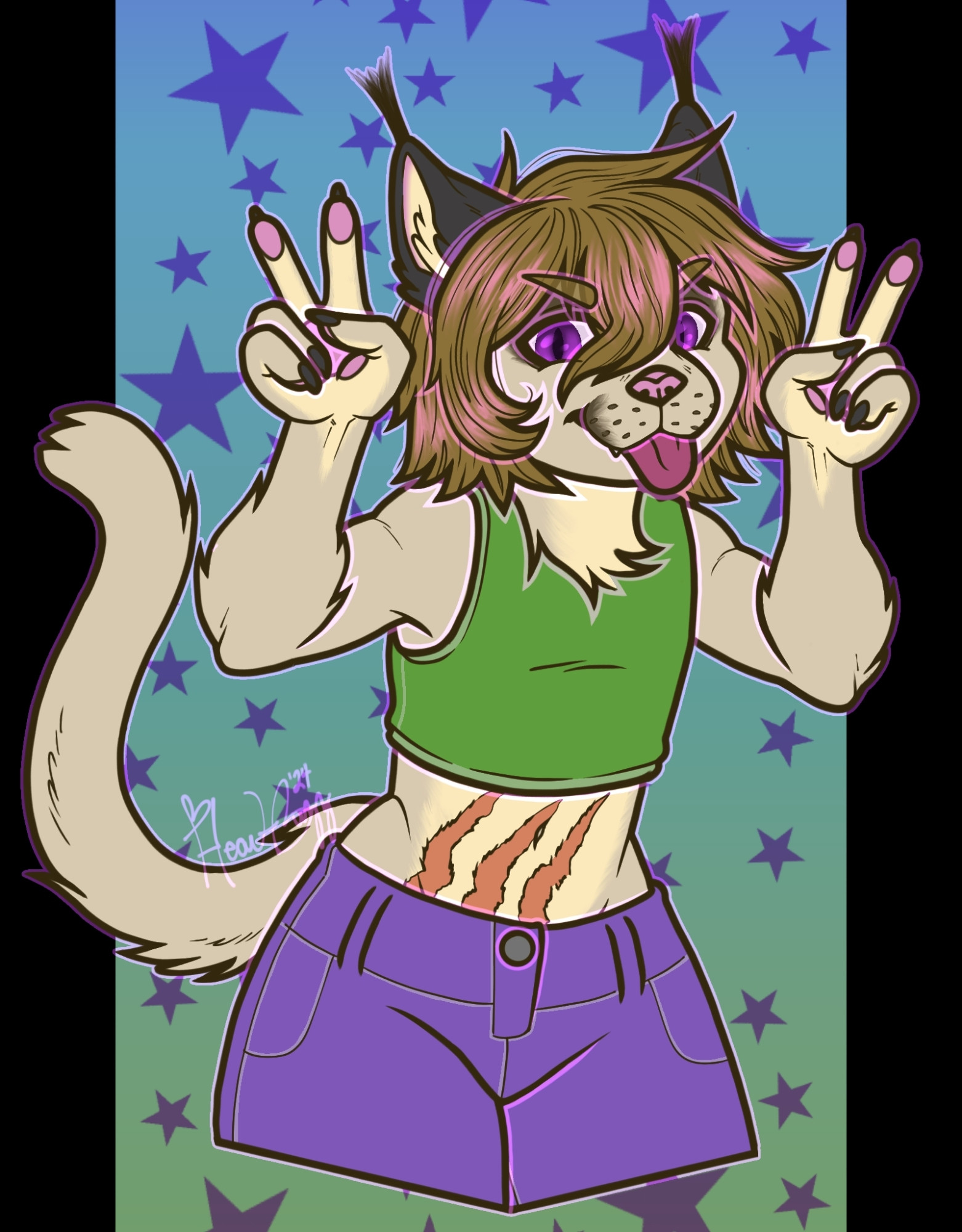 a waist up portrait of a nonbinary caracal character giving a double peace sign. they have a messy bob of chestnut hair, and purple eyes. they are wearing a green tank top and purple shorts, with three large claw-shaped scars on their abdomen. the background is blue and green with purple stars.