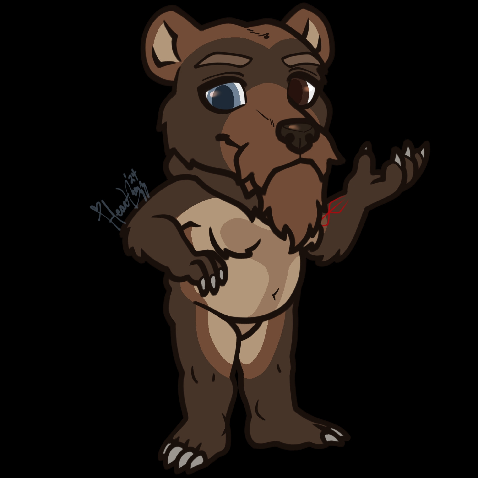 The same brown bear character as before, without clothes. he sports a single tattoo on the underside of his left forearm, a red shape that ends with a forked segment.