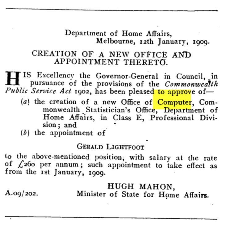 A screenshot of a section from an old Hansard record showing that Gerald Lightfoot was made Australia's first "Computer" in 1909.