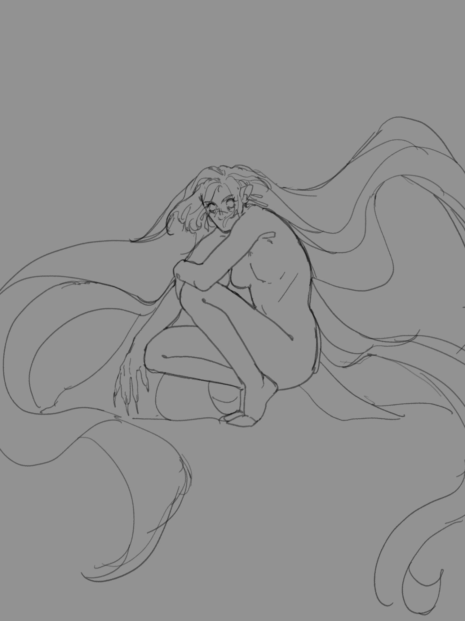 sketch of character squatting with her long hair framing the piece.