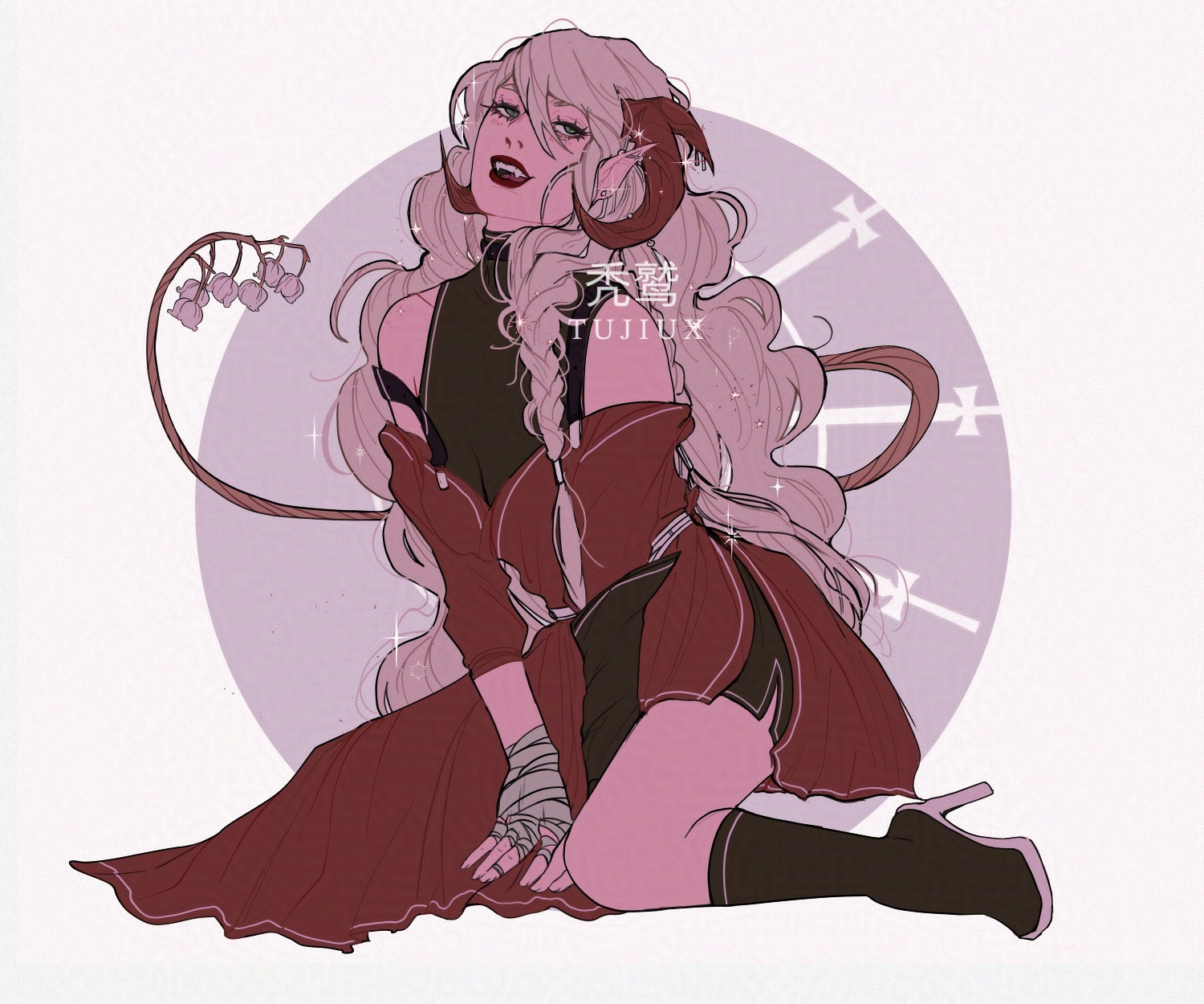 A pink skinned Tiefling with dusty pink hair sits on the ground. She has a lily of the valley tail and wears a red dress over black romper. 