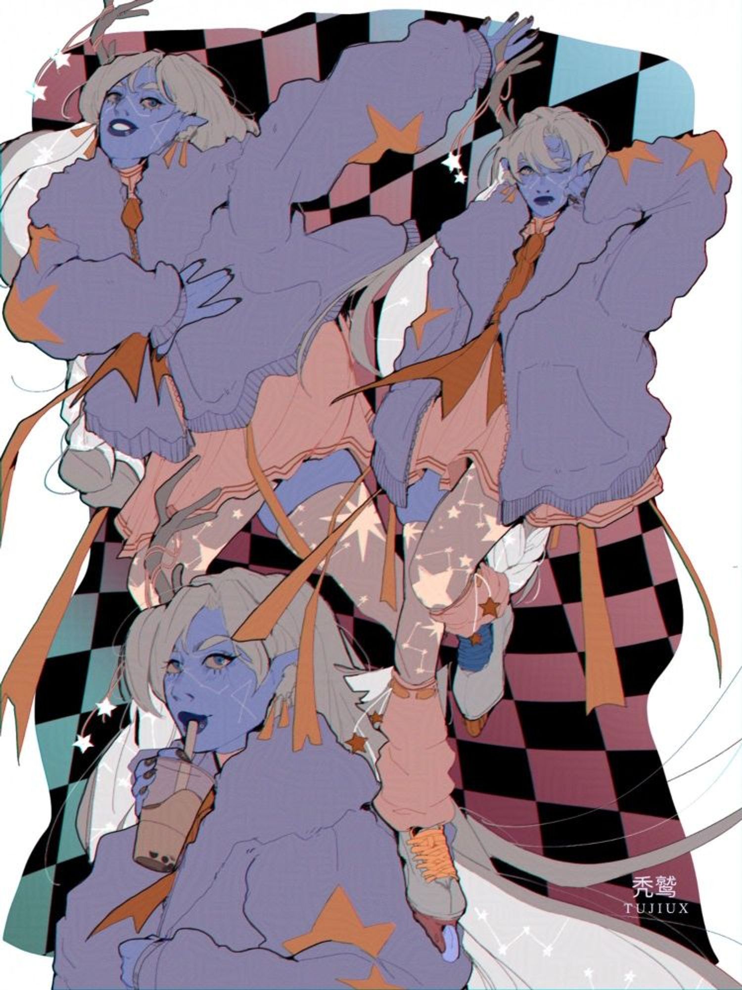 three figured art piece of a character with blueskin and silver hair. she has a singular stag horn with a fluffy purple goat and a pink dress. there are orange accent in her coat. the top left is the character posing in an iceskater/dancer like pose. the middle is her posing with her hand pressed to her cheek. the bottom left is a 3/4 of her drinking boba.