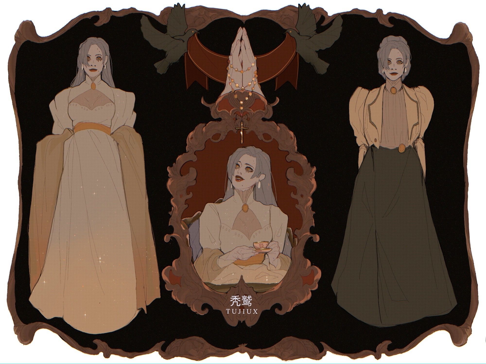 Character ref sheet with silver haired woman with a gown that reaches the floor. There is another image of her on the side with her hair up and in Edwardian fashion. There is a portrait in the middle of her having a cup of tea