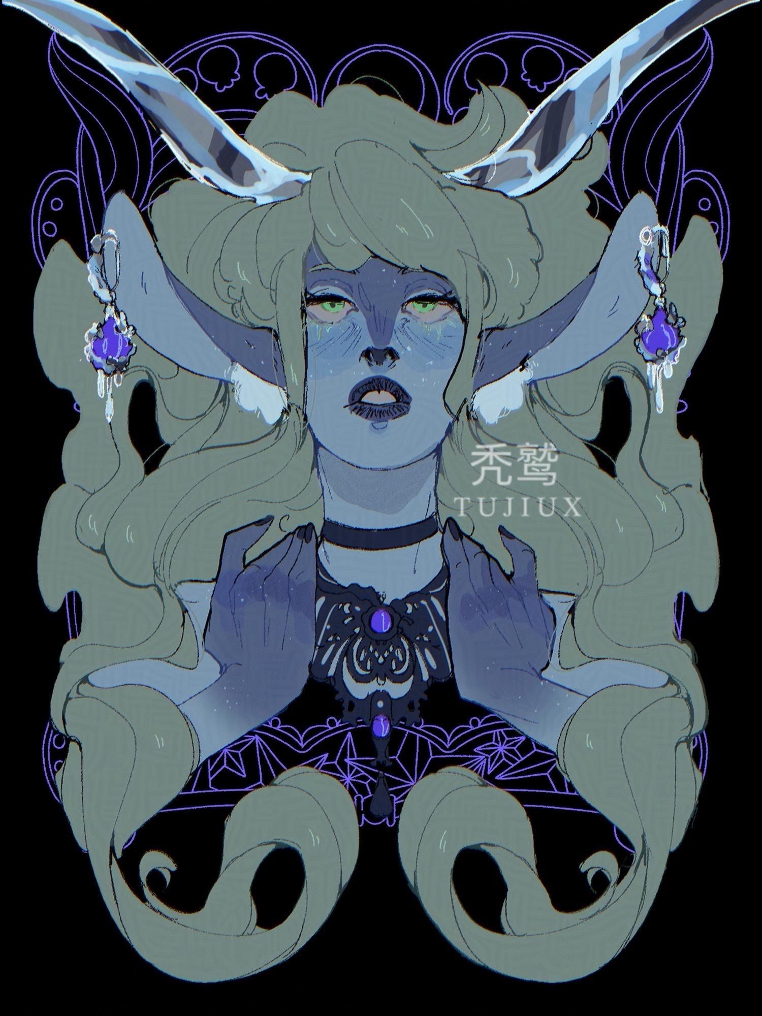 headshot of a blue satyr with green hair. Her hands are a gradient of dark blue. She’s holding her neck where there’s a black and purple choker necklace. Her hair makes a frame around her, and she’s wearing two purple earrings. Her horns are glass and go off frame.