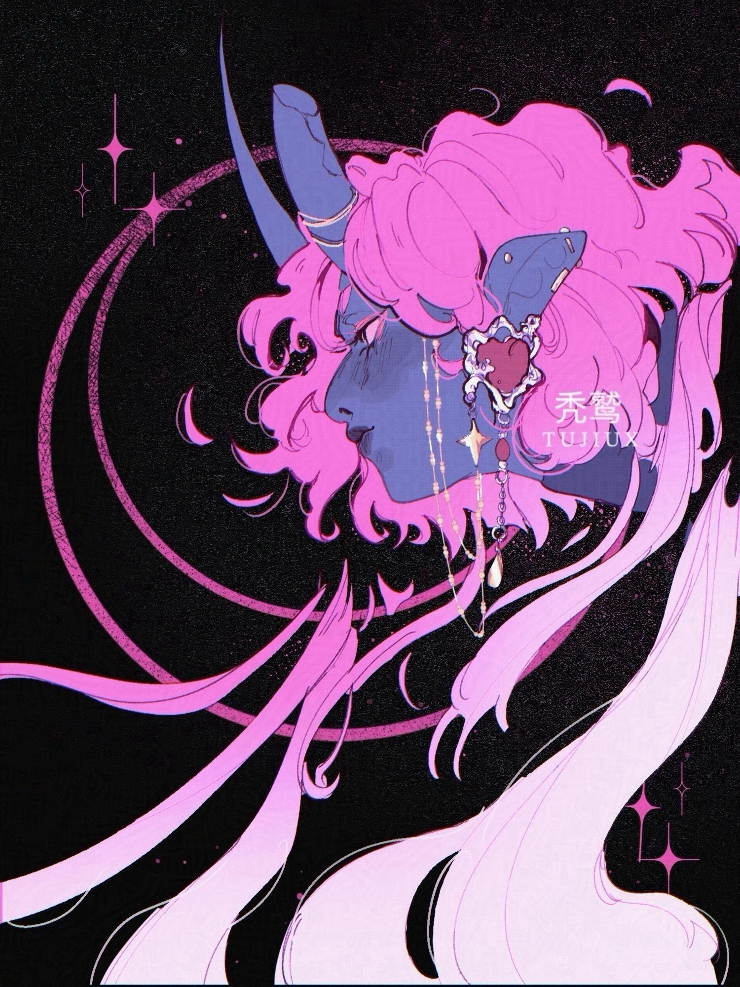 Side profile of a horned oc with pink hair that’s cut and flowing off in strands of whites.