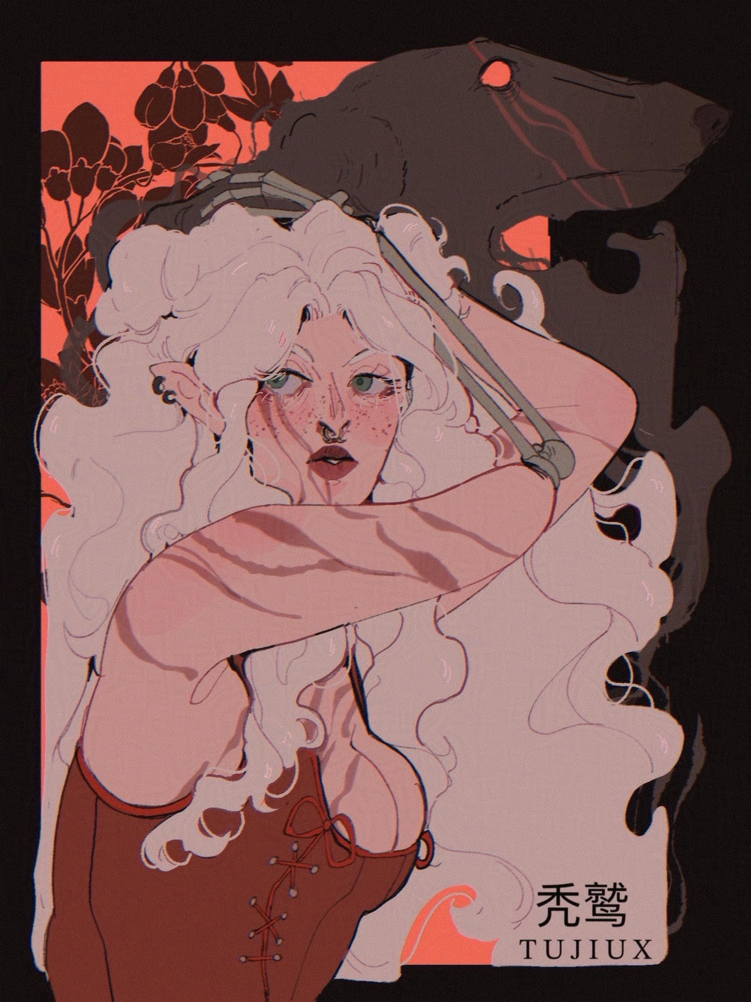 Pin up of a silver haired character with space buns posing sideways. She is wearing a red corset and her chest and shoulders are littered with scars. Her arm is cut off and is connected by a skeletal arm. There is a borzoi shadow behind her and flowers in the background