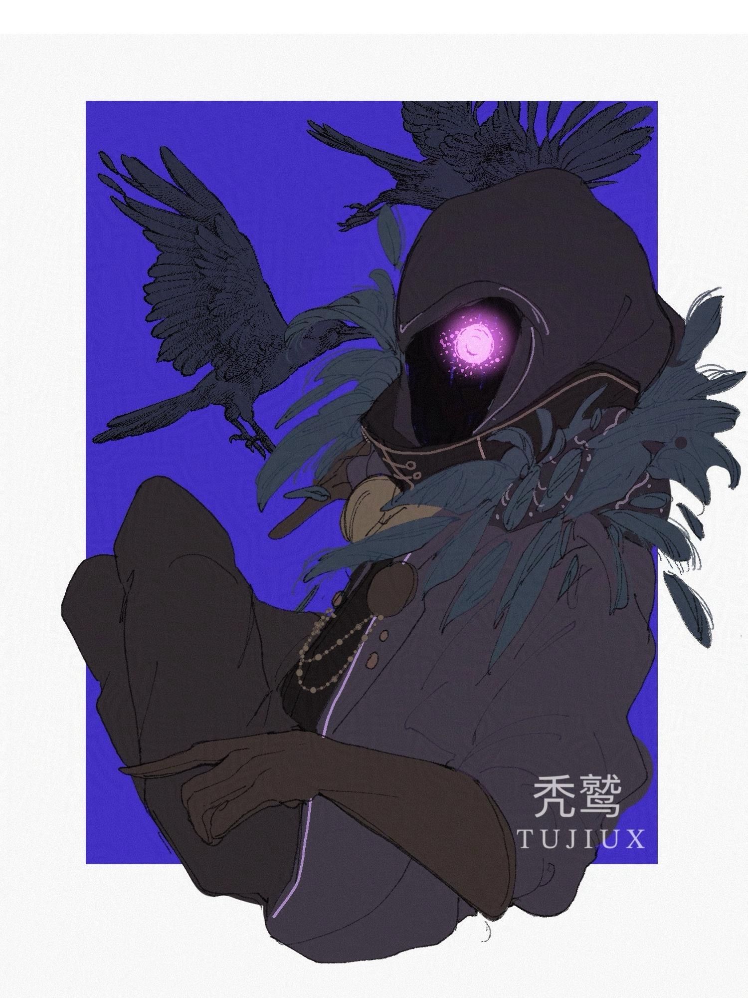 a character with dark hood and glowy pink eyes is sitting down on a frame of blue. There are crows flying behind them.