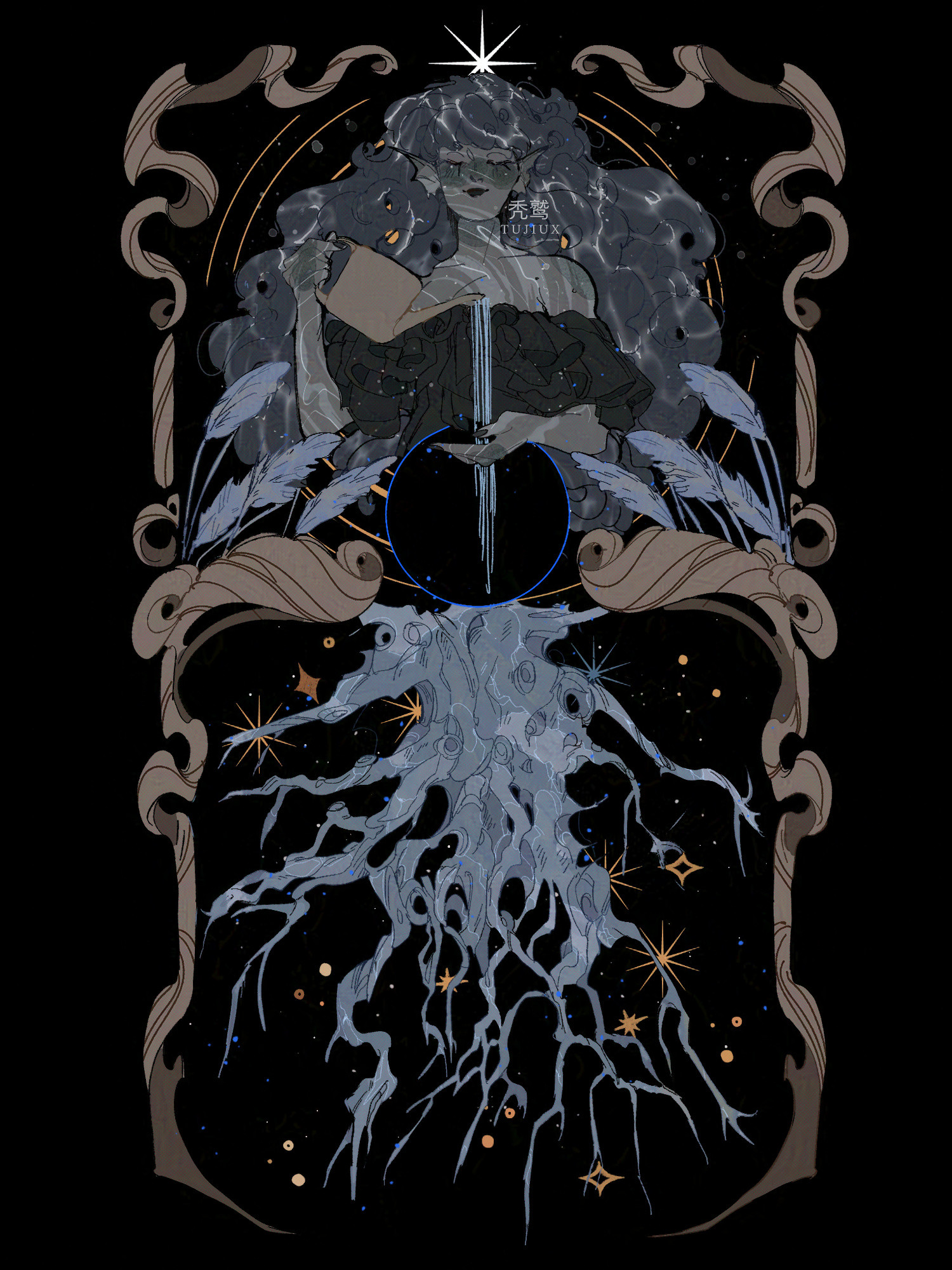 An illustration of a nymph-like character with ripples in her hair and skin using a watering can to water a ice-like tree growing upside down. 

Context:
Nereus is a nymph spirit who is made of water, and is siphoning herself to water a tree that she will eventually become. In my DnD game, Leora met this spirit every winter, and she had planted herself in this rip in her realm. Nereus is growing herself into a tree that branches into the center of the world. 