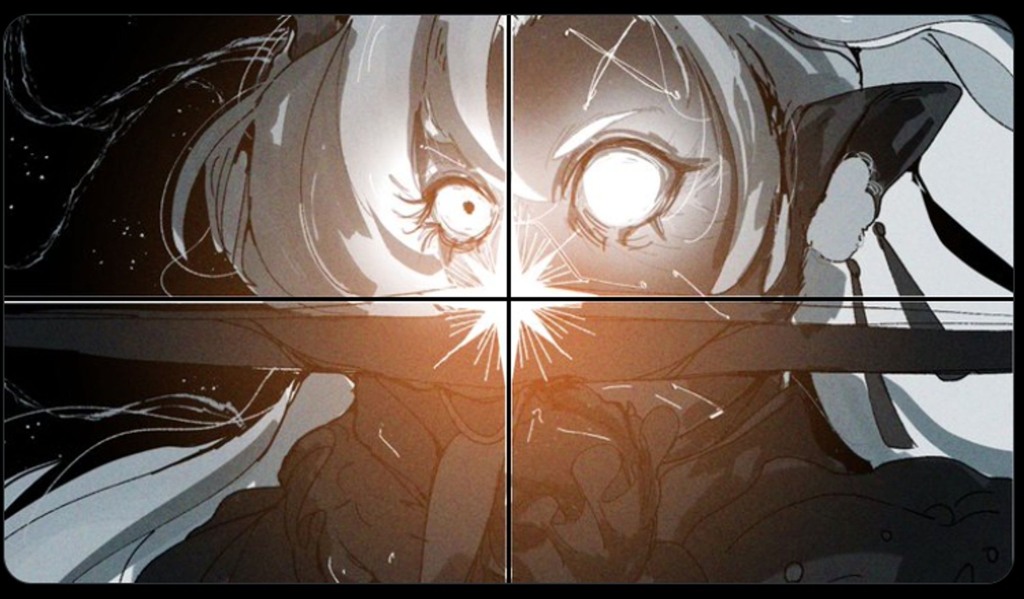 closeup of a monochrome character aiming her crossbow at the viewer, there's a star blooming from the centerpoint with an orange glow. she has one visible pupil. She has an angry and vengeful expression.