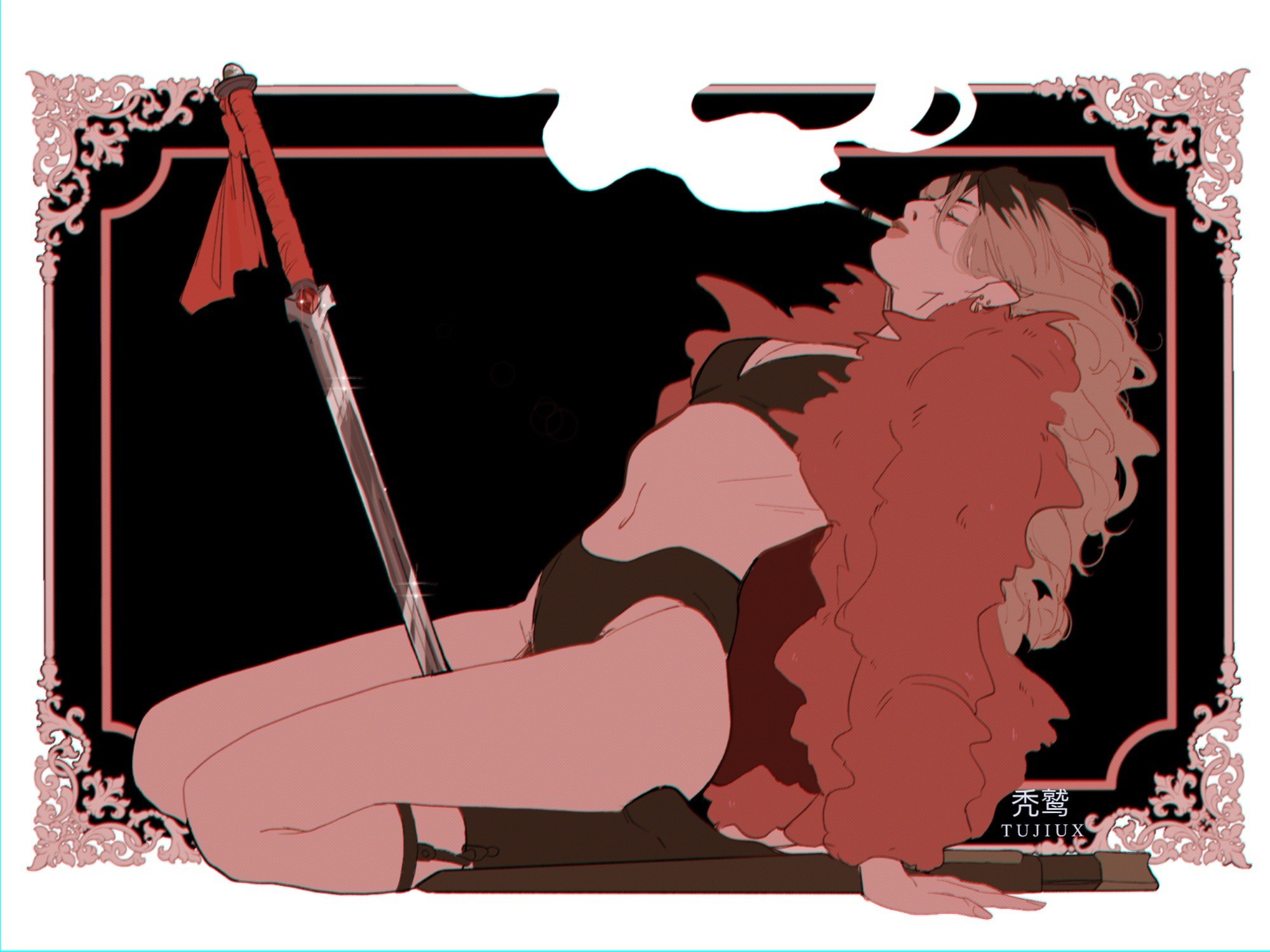 a girl smoking dressed in a pink fur coat and underwear. She has a sword between her thighs  