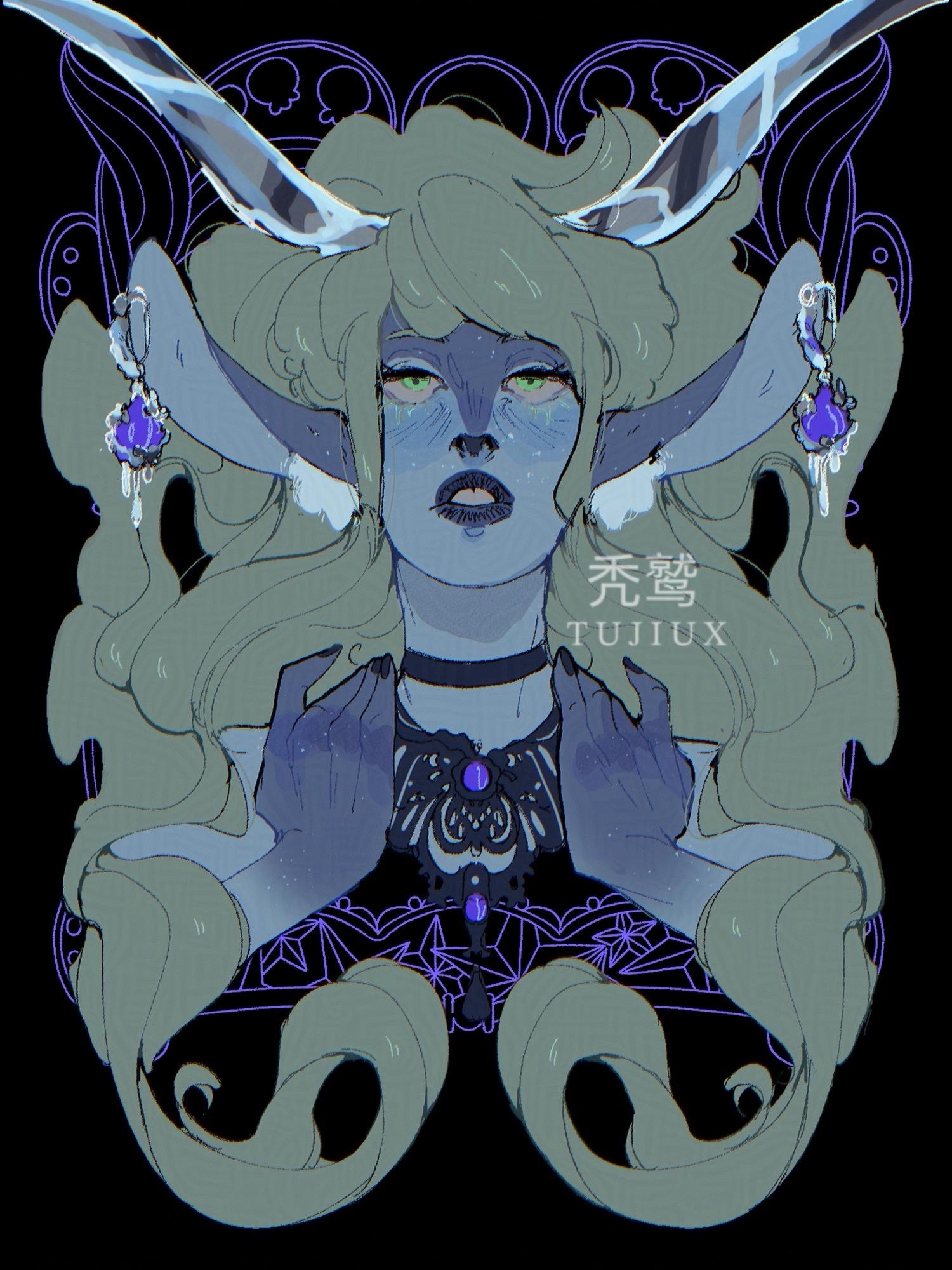 a headshot of a blue satyr with green hair. Her hands are a gradient of dark blue. She’s holding her neck where there’s a black and purple choker necklace. Her hair makes a frame around her, and she’s wearing two purple earrings. Her horns are glass and go off frame.