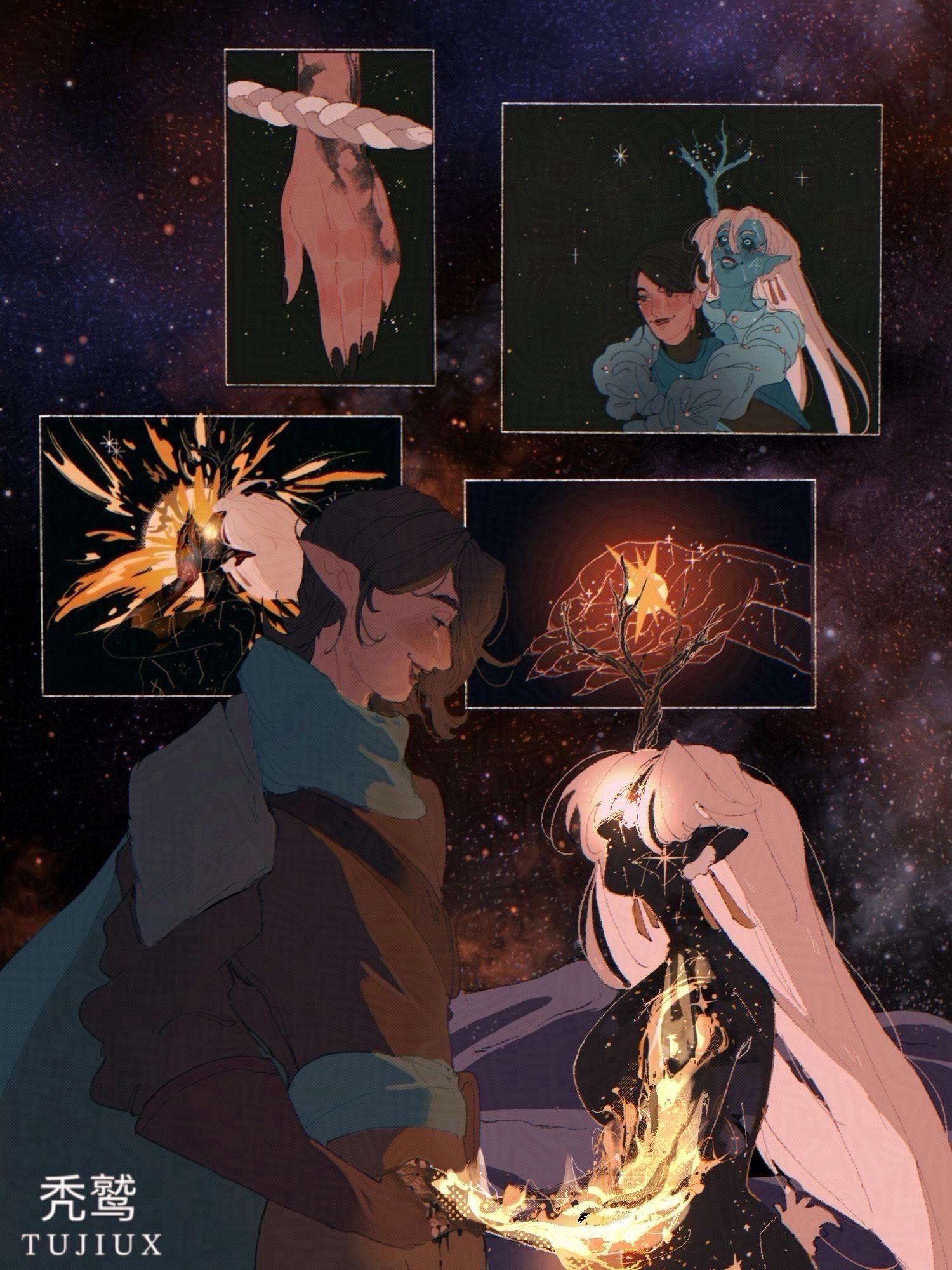 Two characters holding hands with one of them having a flame on their arm. There are four panels, one of which is their hand with a bracelet over it. There’s one of them piggy backing each other. There’s one of the shadowy oc eating a fire-y star. And one panel of her holding a bright star.