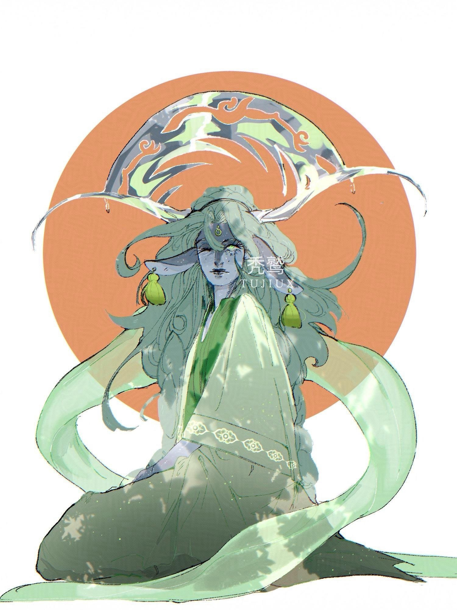 blue character with green hair sitting on the ground. she has glass horns that has a large mantle affixed