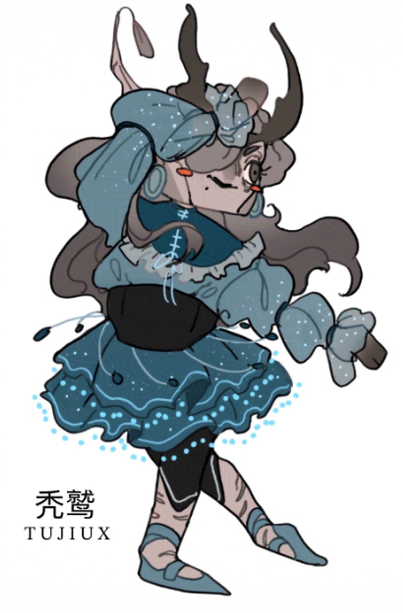 A chibi style of a tree-like character. It is dressed in a blue tutu with blue beads lining the waist and hem. They are striking a dancerly pose.