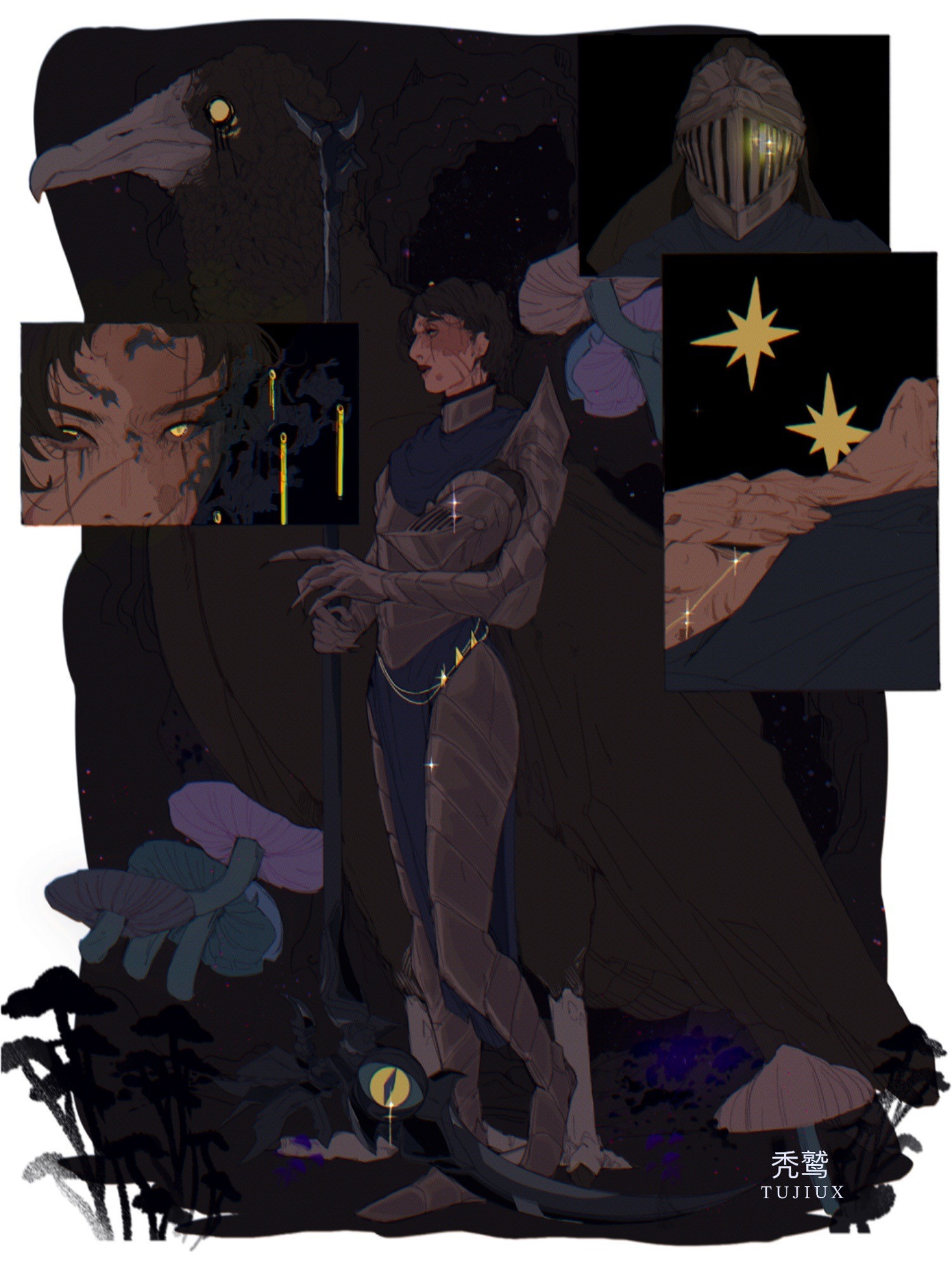 full body art of an scarred knight wielding a scythe with a glowy yellow eye. she is in a cave with blue and purple mushrooms. there is a giant vulture behind her. 