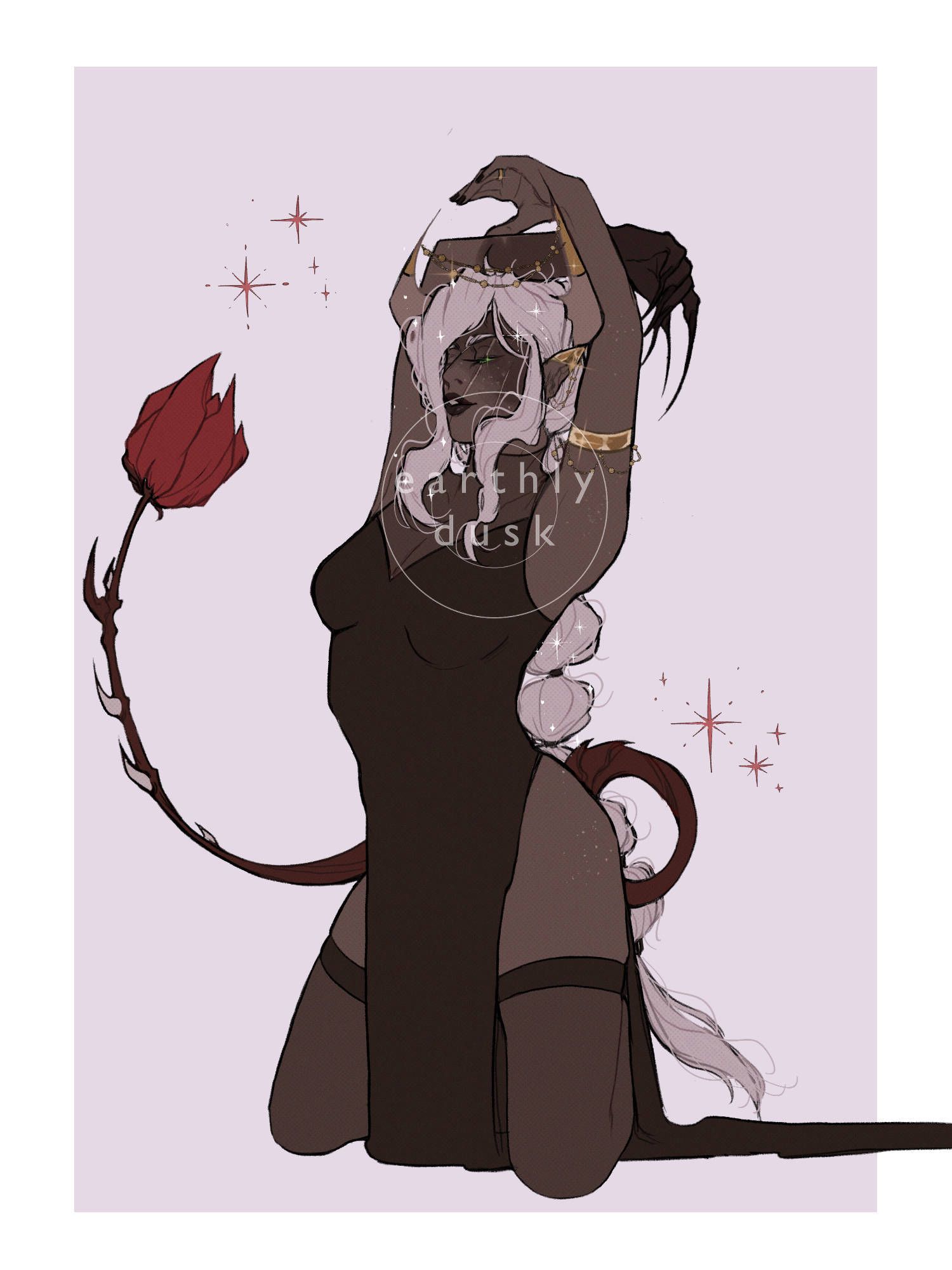 a grey tiefling on her knees looking smug. shes in a black dress and her tail is spiked and blooms a rose at the very end