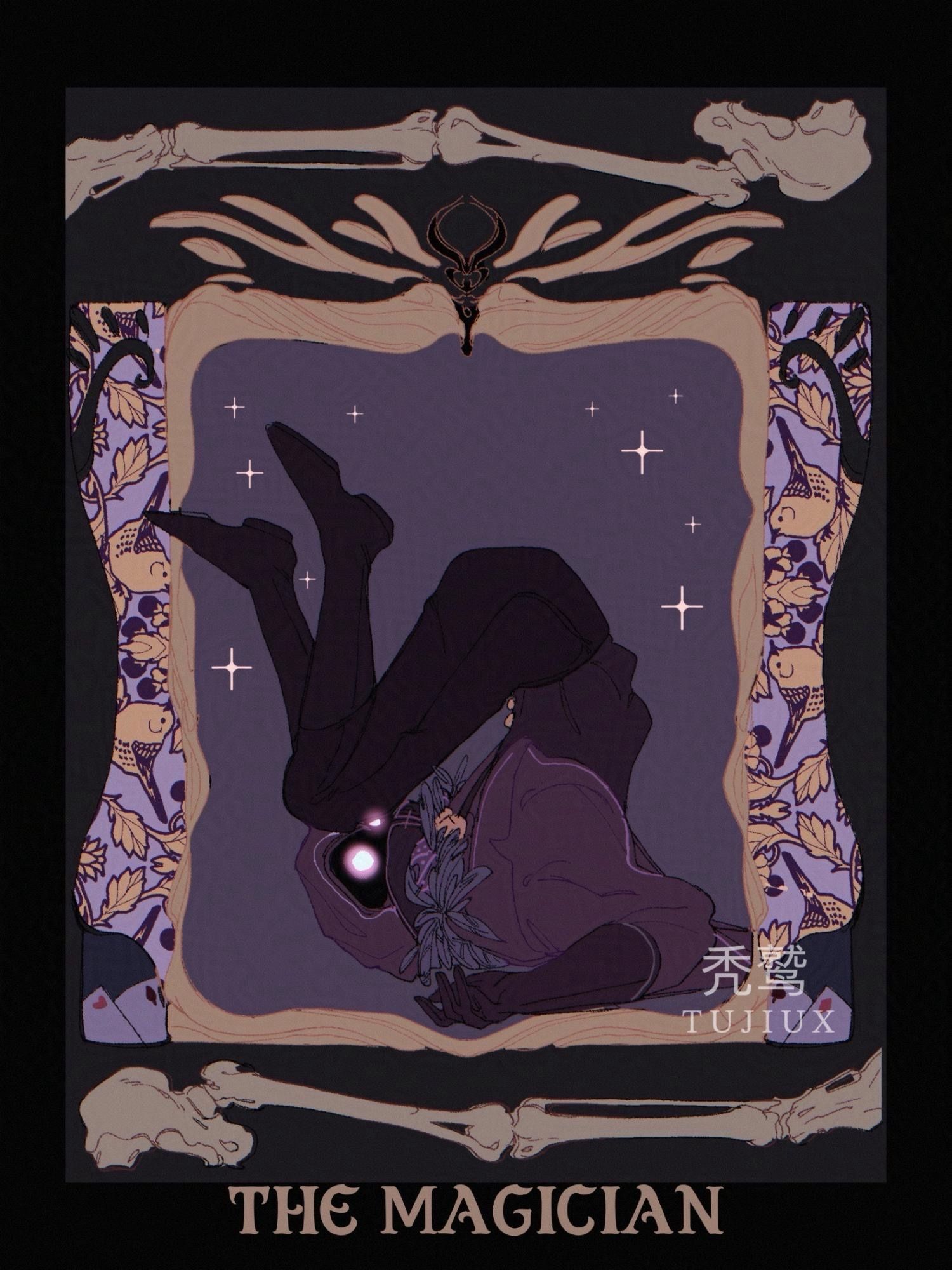 A Card like illustration of a hooded character on their back having fallen down. There are bones framing the card and panels of birds on branches.