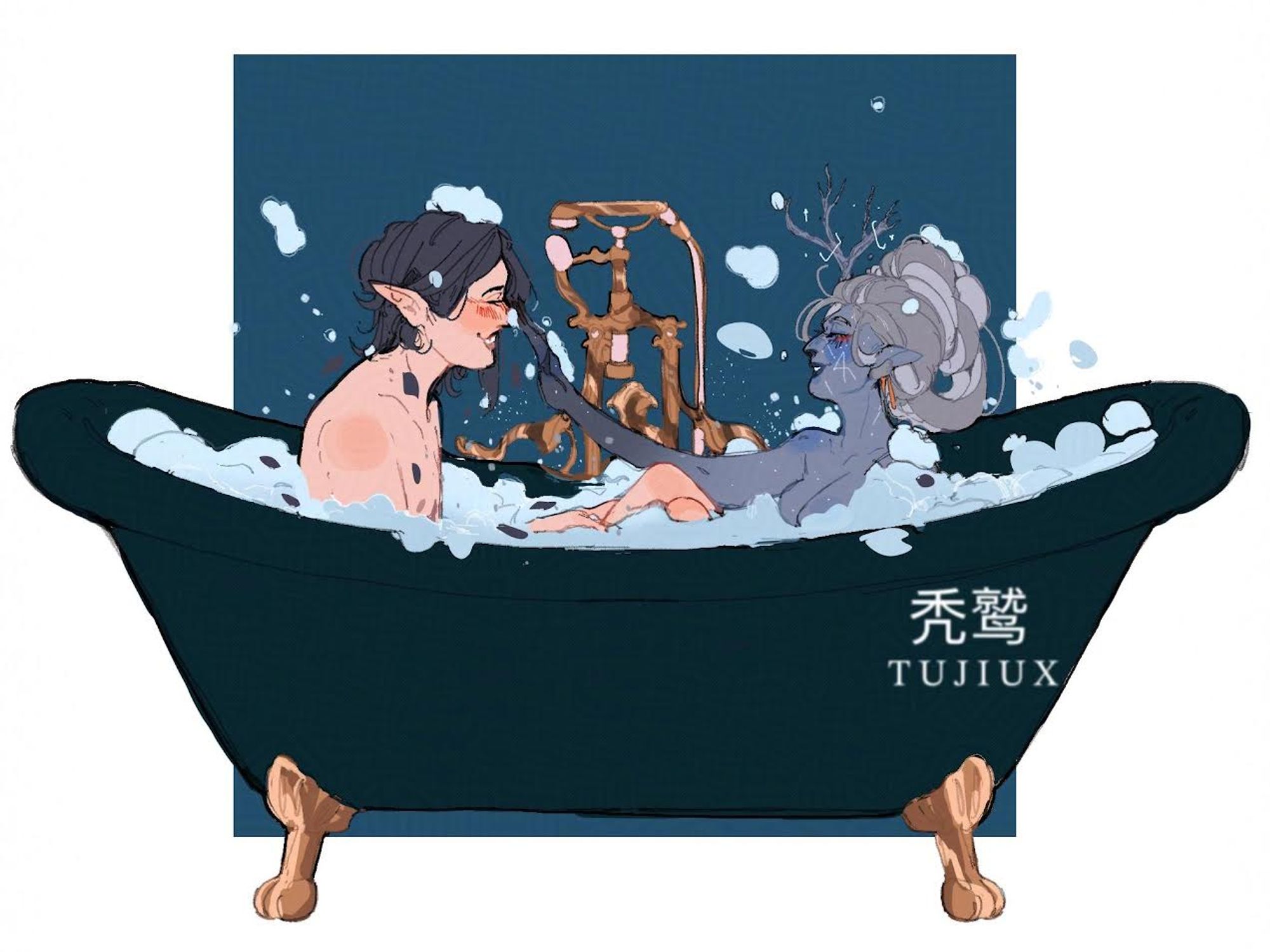 two characters sitting in a black bathtub full of bubbles with golden trimmings. the blue character is wiping away some bubbles off the other character's nose. she has her hair up in a bun, and shes smiling. the other character has shorter black hair and top scars and black petals falling from their hair. they have their knees propped up.