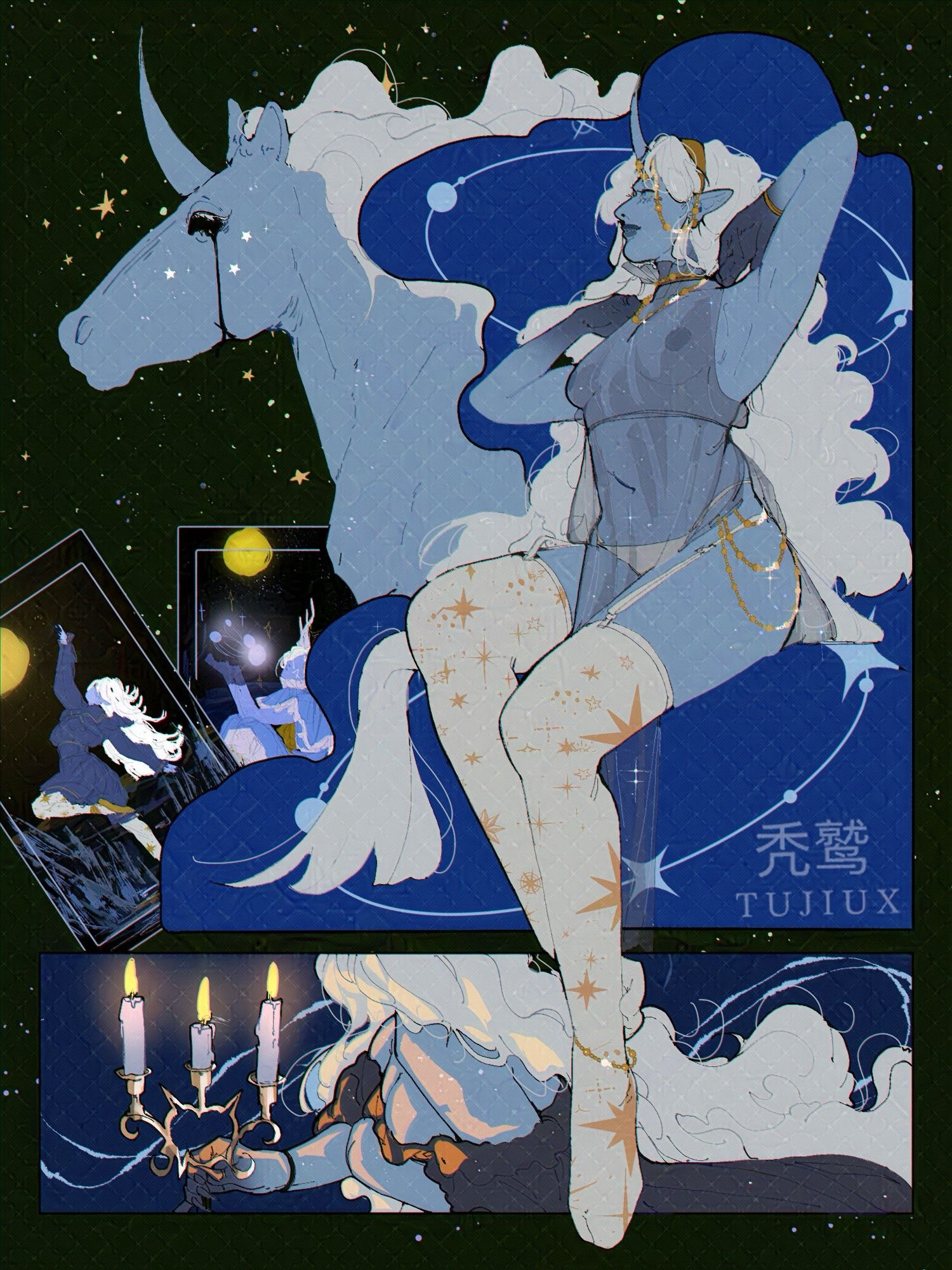 character floating in a pin up post in sheer outfit. There is a horse by her side crying black tears and a panel on the bottom of her running with a candle holder