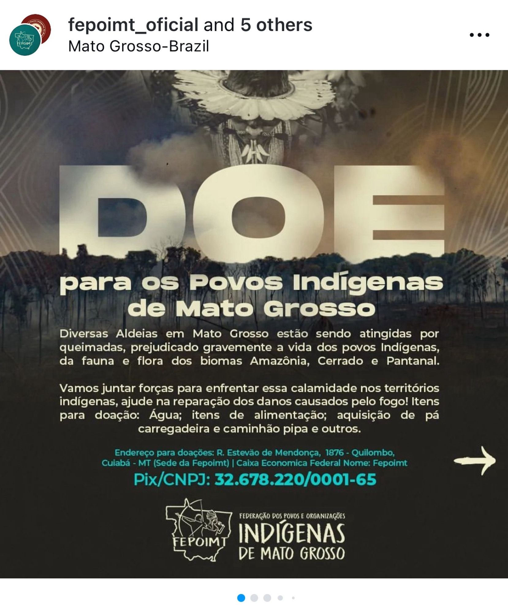 fepoimt_oficial
Mato Grosso-Brazil
DOEpara os Povos Indígenas de Mato Grosso

Diversas Aldeias em Mato Grosso estão sendo atingidas por queimadas, prejudicado gravemente a vida dos povos Indígenas, da fauna e flora dos biomas Amazônia, Cerrado e Pantanal.

Vamos juntar forças para enfrentar essa calamidade nos territórios indígenas, ajude na reparação dos danos causados pelo fogo! 

Itens para doação: Água; itens de alimentação; aquisição de pá carregadeira e caminhão pipa e outros.
Endereço para doações: R. Estevão de Mendonça, 1876 - Quilombo,
Cuiabá - MT (Sede da Fepoimt) | Caixa Economica Federal Nome: Fepoimt
Pix/CNPJ: 32.678.220/0001-65
FEDERAÇÃO DOS POVOS E ORGANIZAÇÕES
FEPOIMT

INDIGENASDE MATO GROSSO