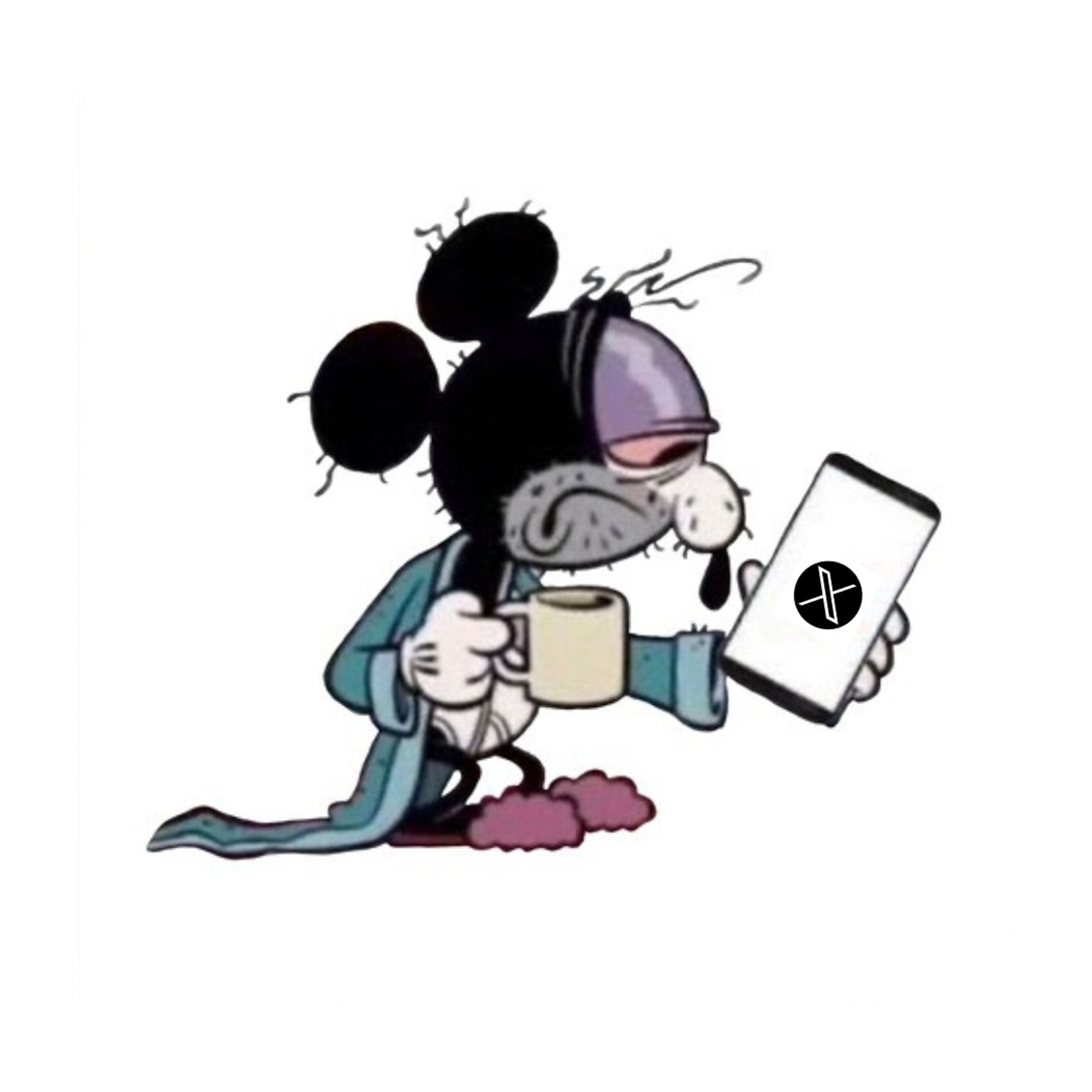 Mickey Mouse de cueca, roupão, chinelos e com uma caneca de café na mão e um celular na outra com o símbolo do X. Ele está com muita cara de cansado e barba por fazer.