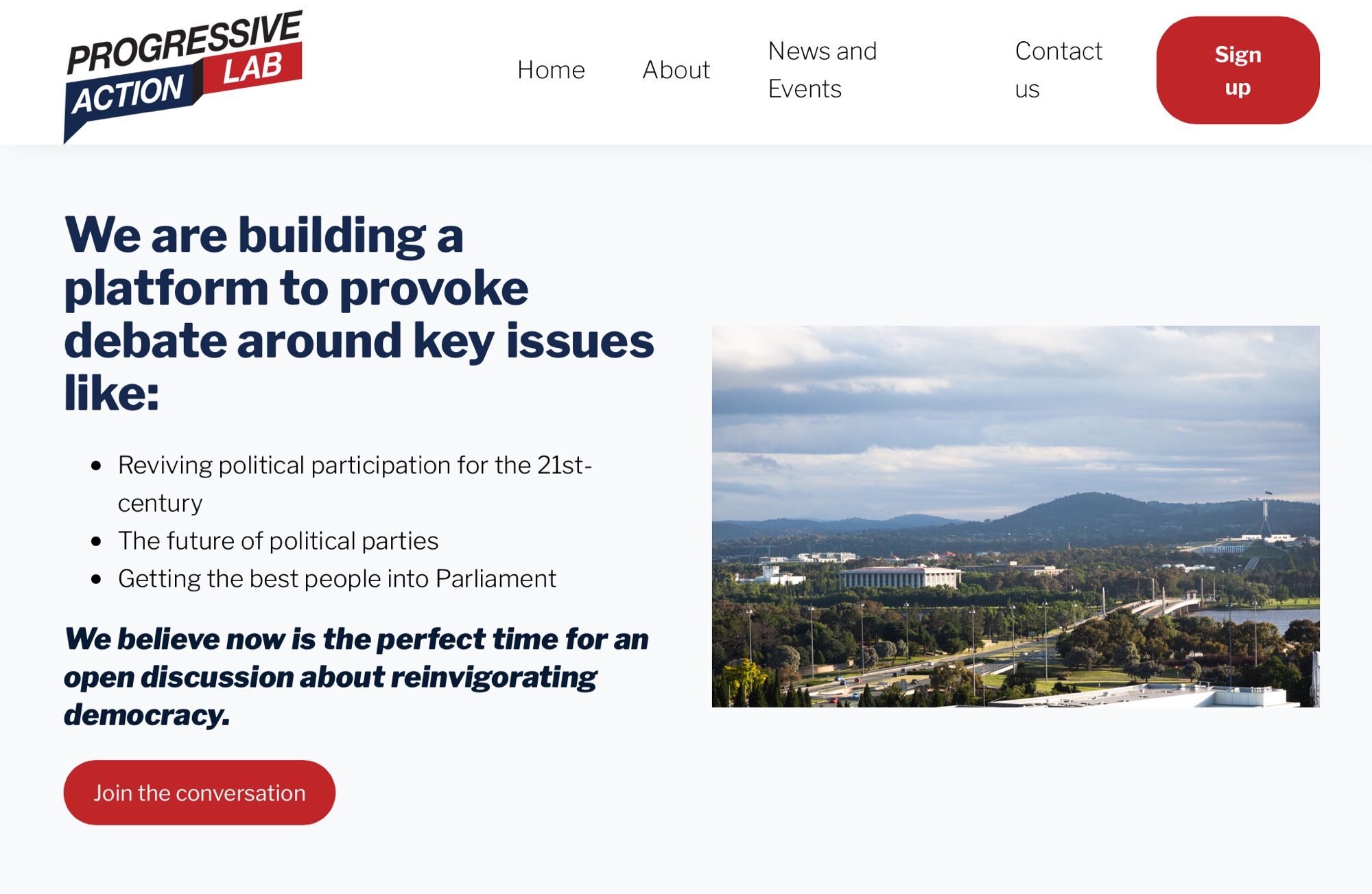 The Progressive Action Lab home page, which describes the lab’s interests as reviving political participation, the future of political parties, and getting the best people into parliament.