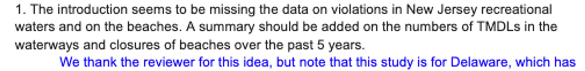 Text where reviewer says to add data on New Jersey, with response pointing out the study is in Delaware.