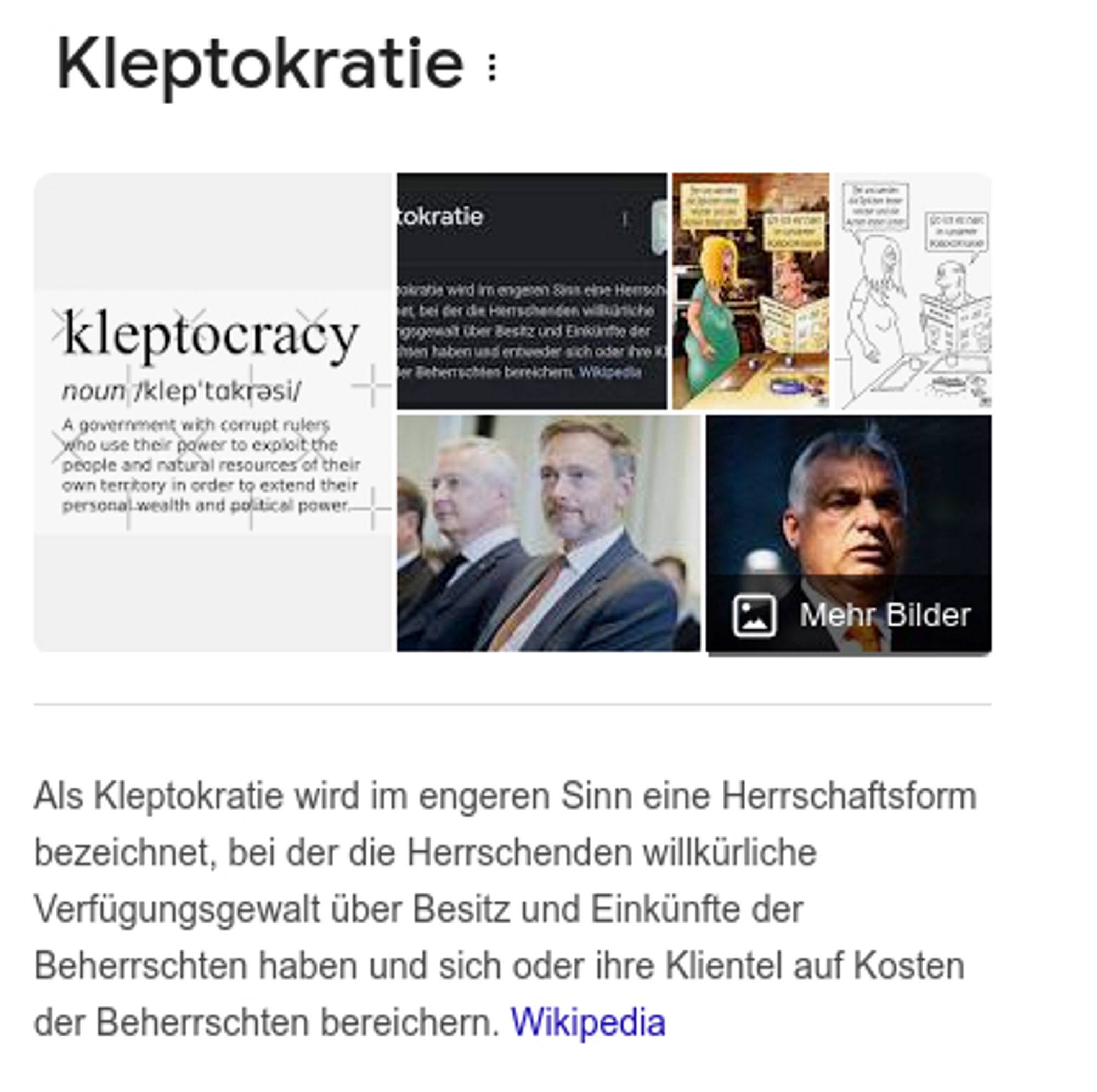 Der Begriff Kleptokratie in Lautsprache mit einer Erklärung, daneben verschieden Bilder, unter anderem von Viktor Orban und Christian Lindner.