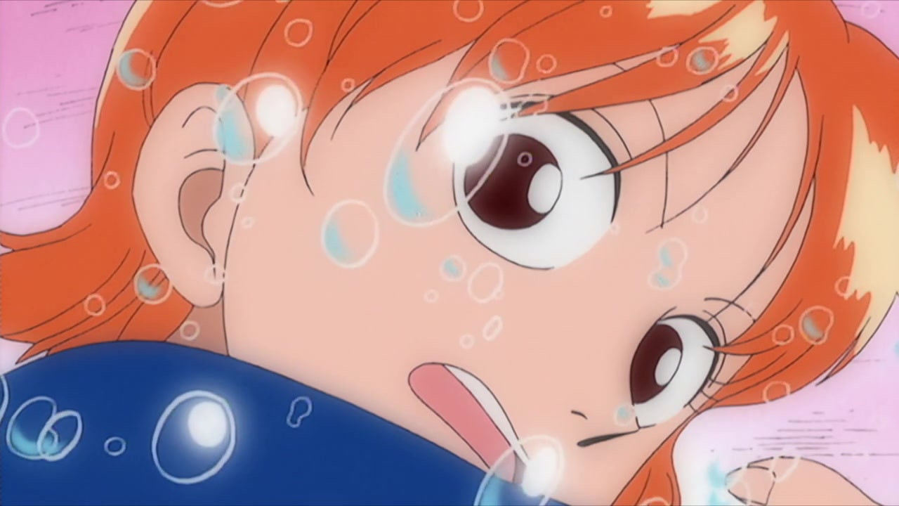 a follow one from the previous frame, of nami from episode 1 of the one piece anime. a close up on her face. her right eye is now open, and both are widened in a surprised expression at the camera.

her right arm is still raised, with the shoulder peaking into the frame from the bottom left. bubbles litter the shot, as they have in the previous two frames, and nami is, again standing in front of the pink hull of the ship.