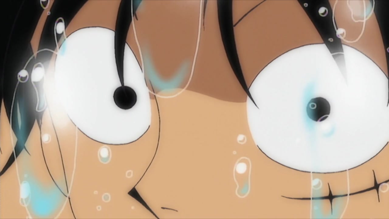 a follow on from the first frame in this post, featuring an extreme close up of luffy from episode 1 of the one piece anime.

the only thing you can see is luffy's eyes, nose, scar and fringe. his eyes are widened and locked on the camera, as the focal point of the frame, as he is looking at nami from the previous shot. water drips all over the frame as it has done before, and the fringe of his hair sweeps a little over his eyes from the top of the frame.

you cannot see luffy's mouth, to further add emphasis to luffy's eyes, his gaze truly fixed.