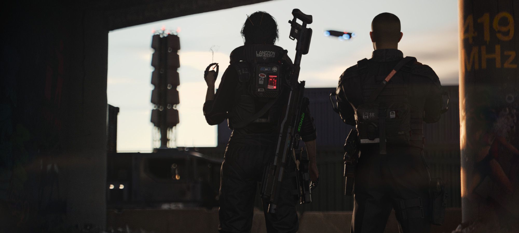 Cyberpunk 2077 fanart of two mercenaries in tactical gear standing under a highway structure in an industrial zone.