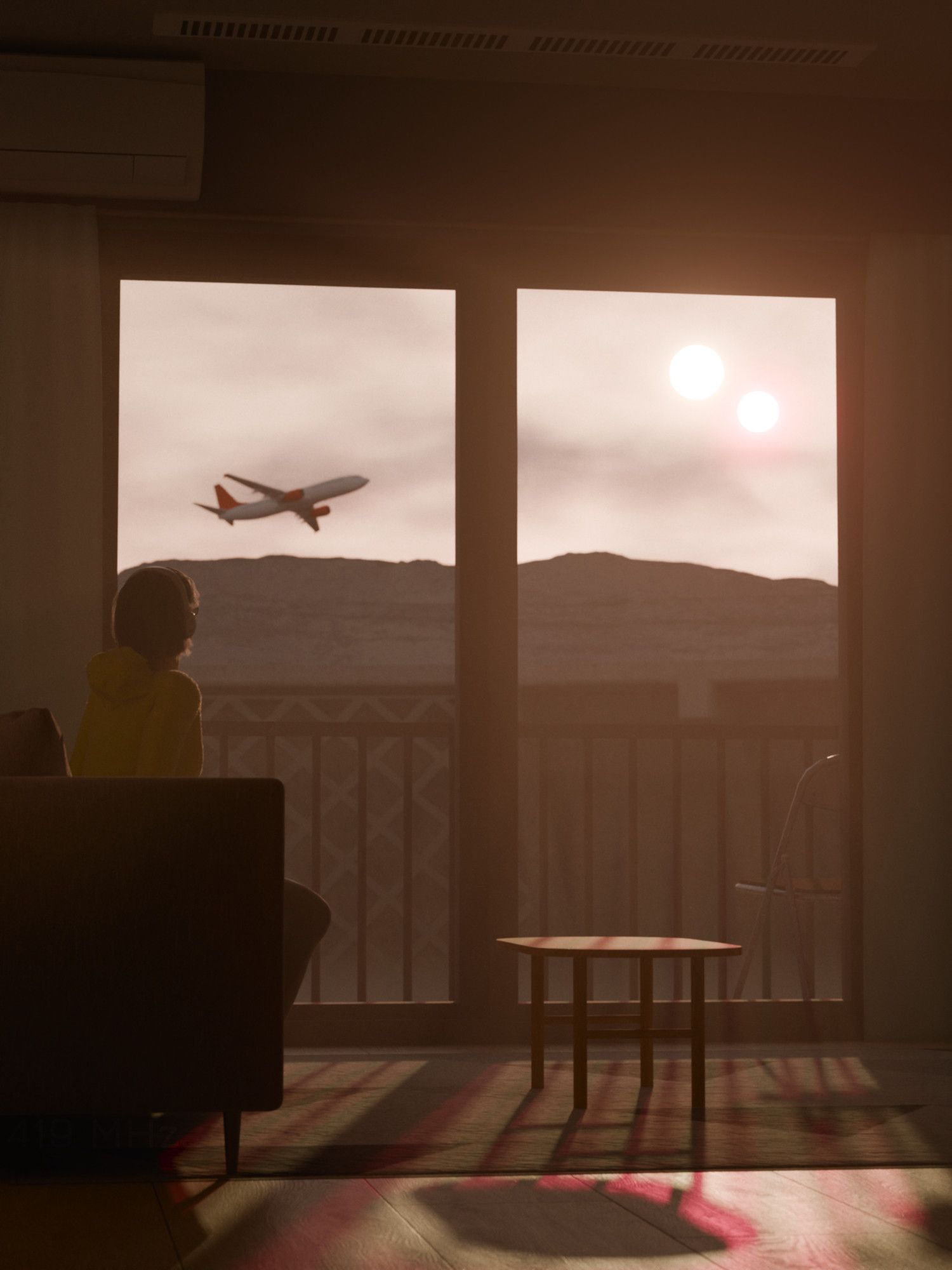 1000xRESIST fanart. Iris, wearing her hoodie, sits on the couch in her family's apartment out onto the Orchard. The Orchard is exposed to the real sky; a passenger jet and distant mountains can be seen. There are two suns setting in the sky, and the most distant of them is tinged red.