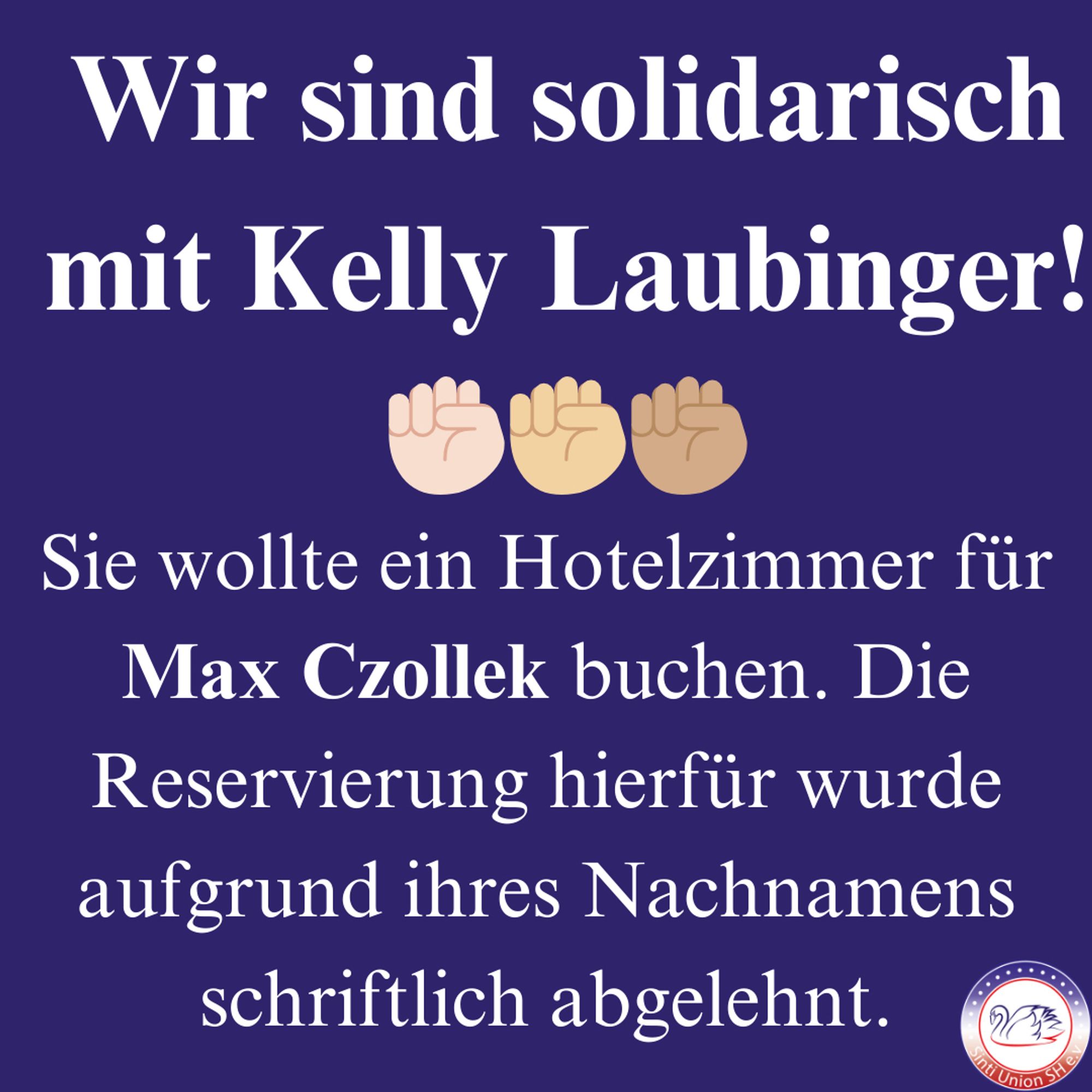 Wir sind solidarisch mit Kelly Laubinger! 
✊🏻✊🏼✊🏽 

Sie wollte ein Hotelzimmer für Max Czollek buchen. Die Reservierung hierfür wurde aufgrund ihres Nachnamens schriftlich abgelehnt.