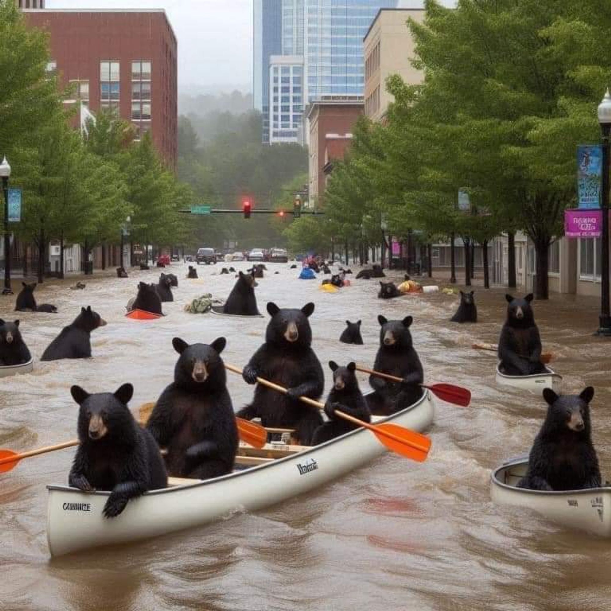 Bears in canoes on a flooded city street.