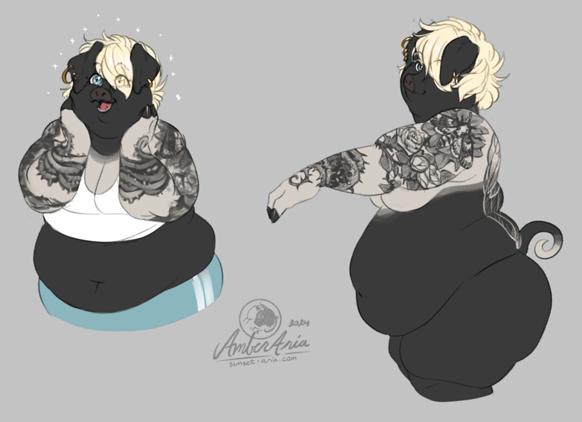 Two sketches of a pot-bellied pig anthro lady, with a very bottom-heavy figure and short, fluffy, blonde hair swept over her left eye. Her chubby arms are covered in greyscale tattoos. The left sketch has her wearing a white crop top and blue shorts, holding her hands against her cheeks with an adorable open-mouthed smile, complete with anime-style sparkles for emphasis. The right sketch views her from the side, no clothes with featureless nudity, holding one arm up to show off her tattooed sleeve. Her tattoos feature thorny vines and roses, with a large death's head hawkmoth covering her shoulder. A large tattoo of feathered wings on her back is also barely visible.