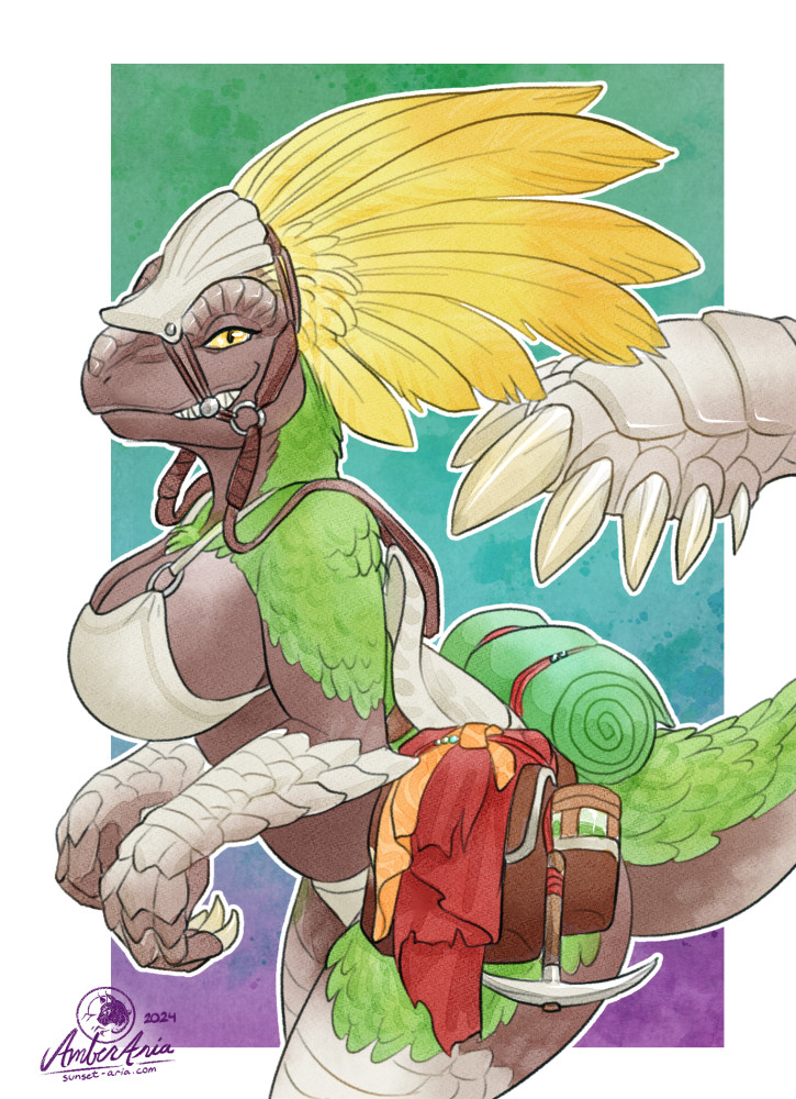 A green and brown raptor-like anthro with a bright yellow feathered crest, dressed up in a saddle complete with bedroll and saddlebags. She has a headdress with reins and a bit, which she is sharply grin around.