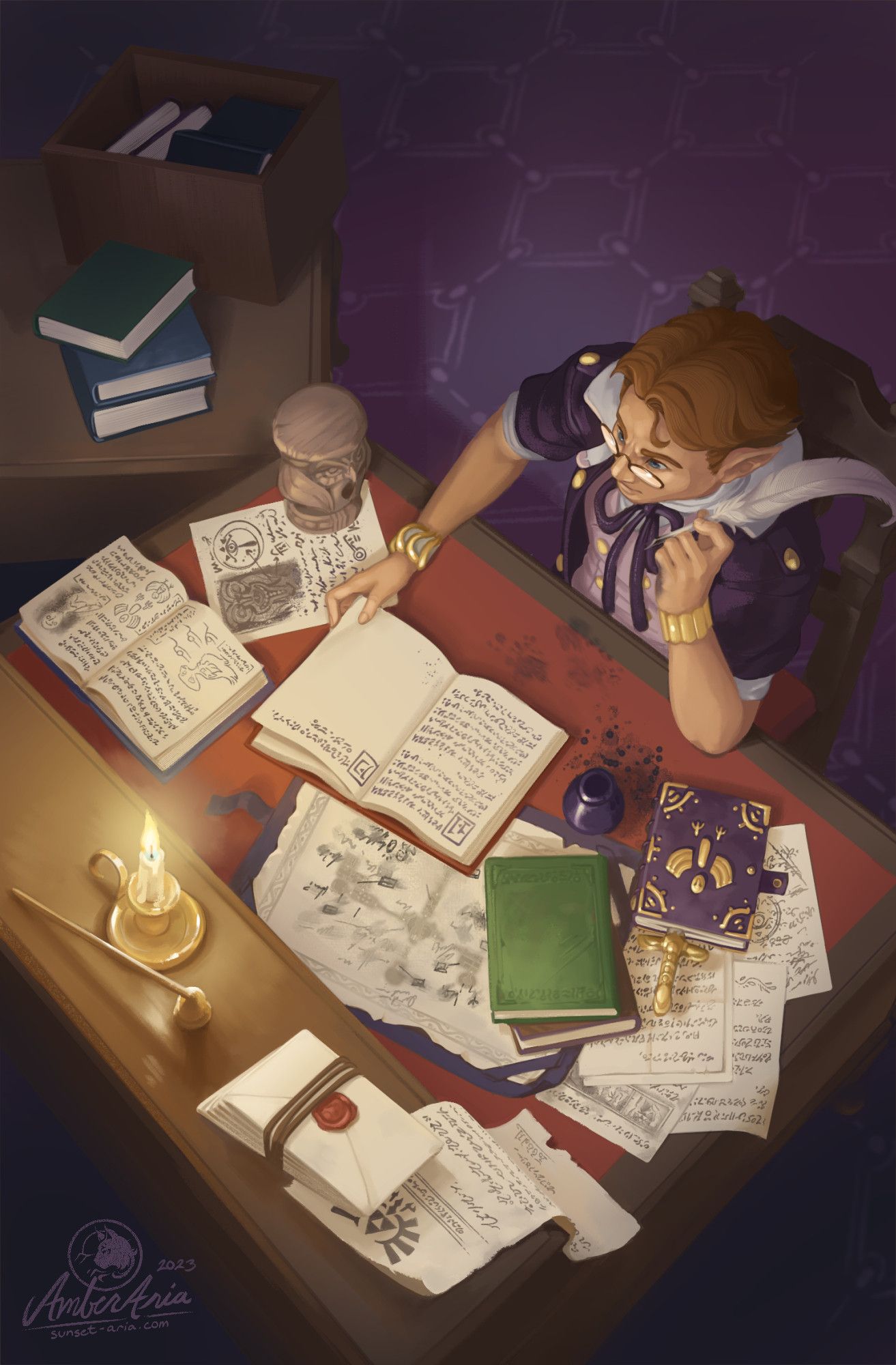 An overhead view of Shad from The Legend of Zelda: Twilight Princess, sitting at his desk with a quill in his hand, looking over his half-finished journal page. His ink-stained desk is cluttered with books and documents.