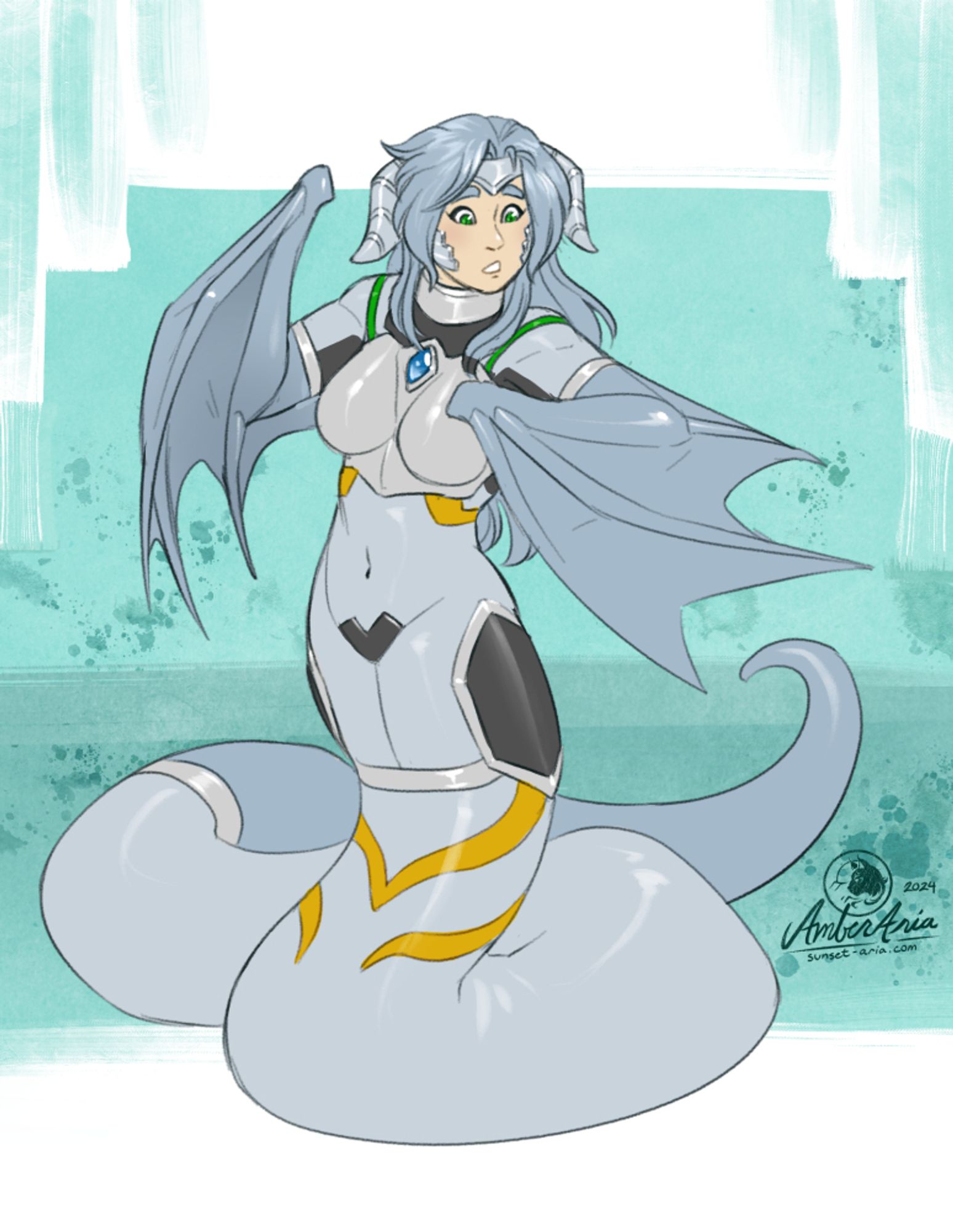 A pale robotic girl with long, silver hair and drooping silver horns, wearing a silver plugsuit, is looking down at her changed form with a surprised, faintly concerned face. Her arms from the mid-bicep down have been replaced with arm length, batlike wings with no hands. Her legs from the mid-thigh down have also been replaced with a long snake tail propping her up.