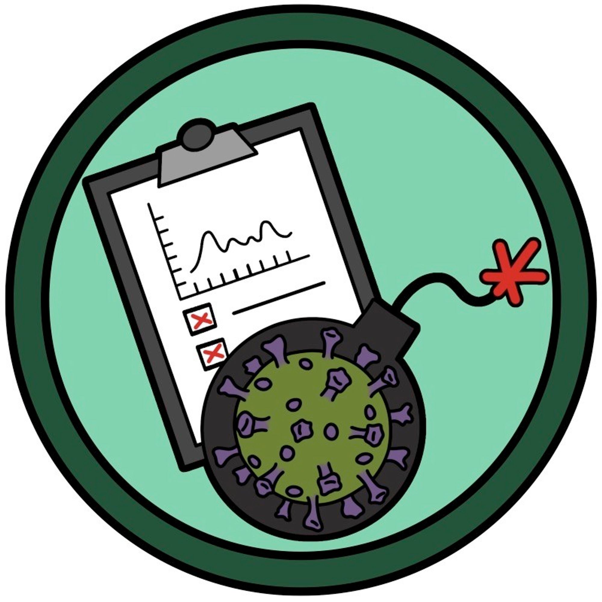 circle badge with clipboard showing data chart and checklist with red x marks behind a lit cannonball bomb with a Covid virus icon inside