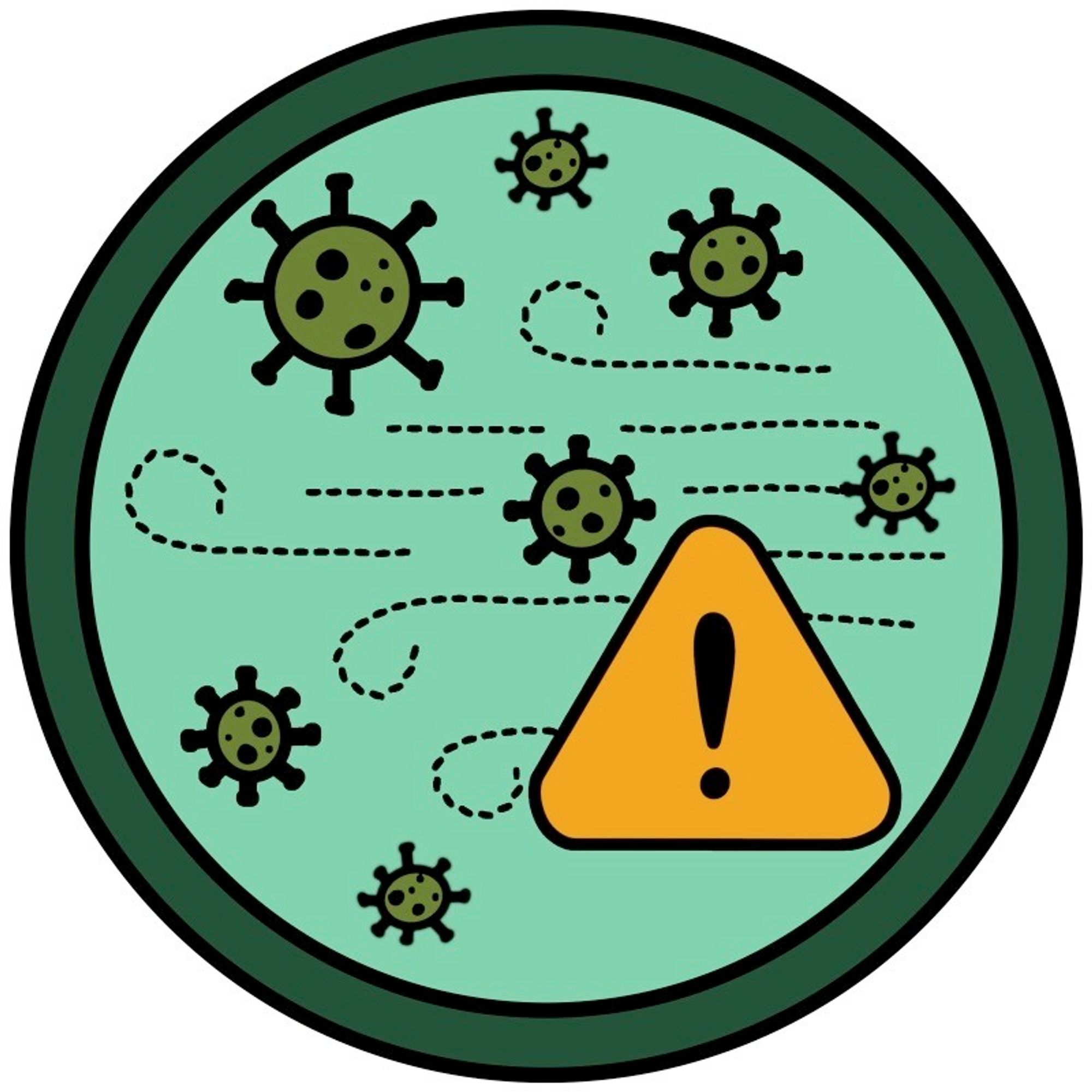 circle badge with virus particles floating amidst dotted lines representing wind and a hazard warning icon (yellow triangle with exclamation point) in one corner