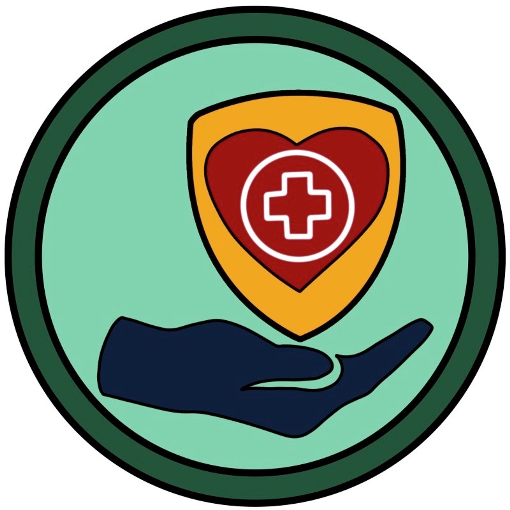 circle badge with giving hand symbol cradling a shield with a heart and healthcare symbol inside it