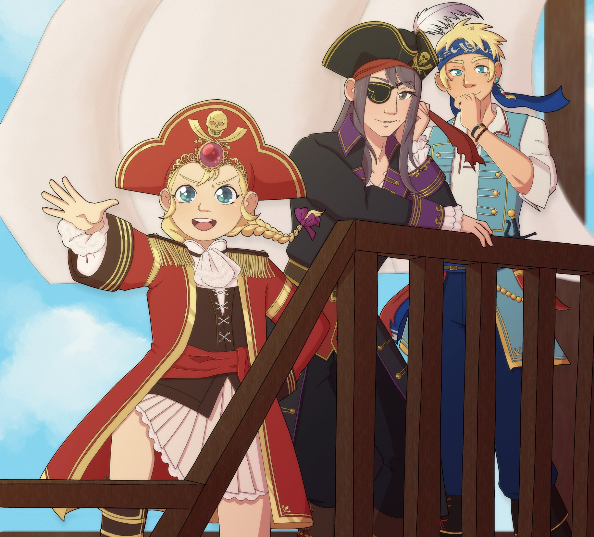 Fanart of characters from Tales of Vesperia on a ship. Patty Fleur is at front posing in an elaborate red pirate outfit. Yuri and Flynn are behind her, also in pirate costumes, looking on with amusement.