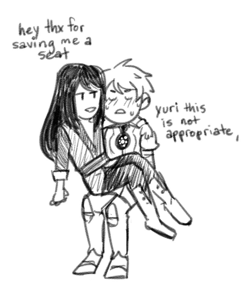 Fanart of Yuri Lowell and Flynn Scifo from Tales of Vesperia in a small simple style. Yuri has sat himself on Flynn's lap. The dialogue reads:
Yuri: hey thx for saving me a seat
Flynn: Yuri this is not appropriate,