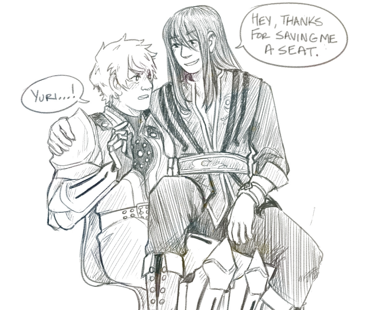 Fanart of Yuri Lowell and Flynn Scifo from Tales of Vesperia. Yuri has sat himself on Flynn's lap. The dialogue bubbles read as follows.
Yuri: Hey, thanks for saving me a seat.
Flynn: Yuri...!