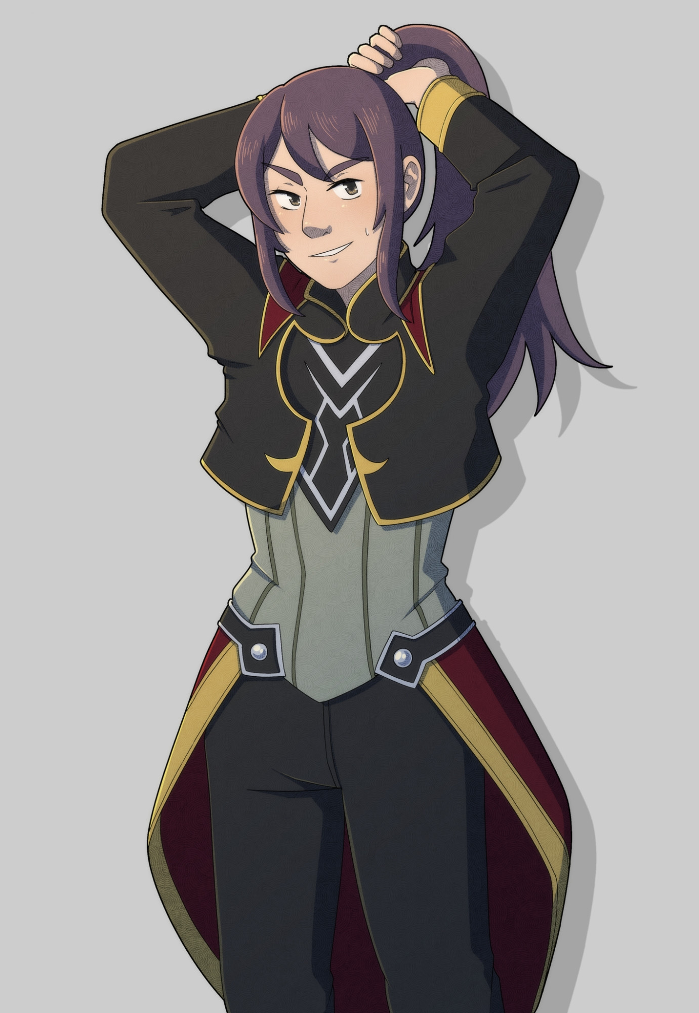 Yuri Lowell from the game Tales of Vesperia. He is wearing the outfit associated with the True Knight title and in the process of tying his hair back into a ponytail.