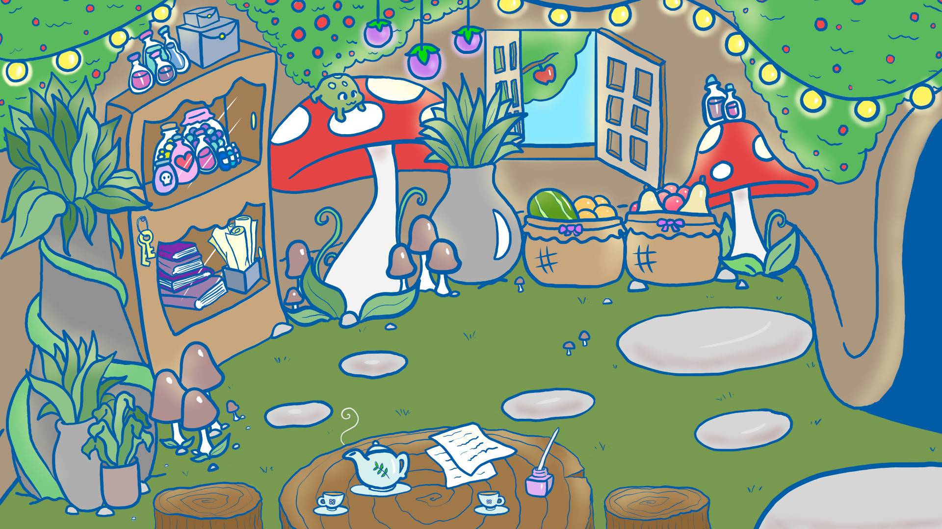 Cartoony drawing of the interior of a wizards magical cottage with shelves of potions, baskets of fruits and vegetables, and cute little frogs lounging on mushrooms.